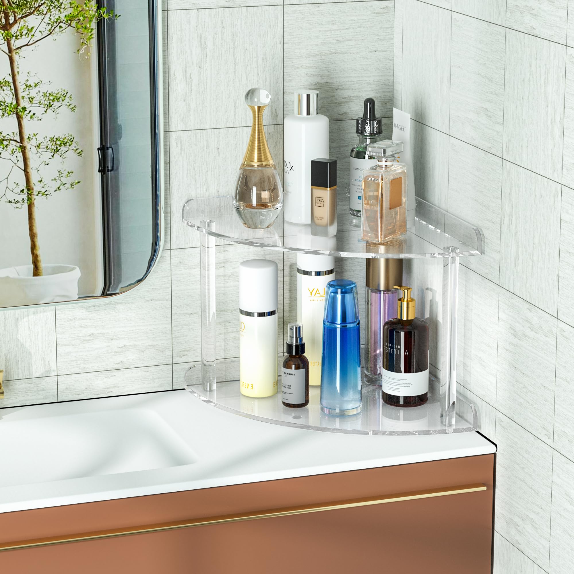 Sezanrpt 2 Tier Acrylic Corner Shelf Organizer Storage 9.5X9.5X8 Inch, Transparent Countertop Corner Shelf For Bathroom, Kitchen, Bedroom, Office, Study Room