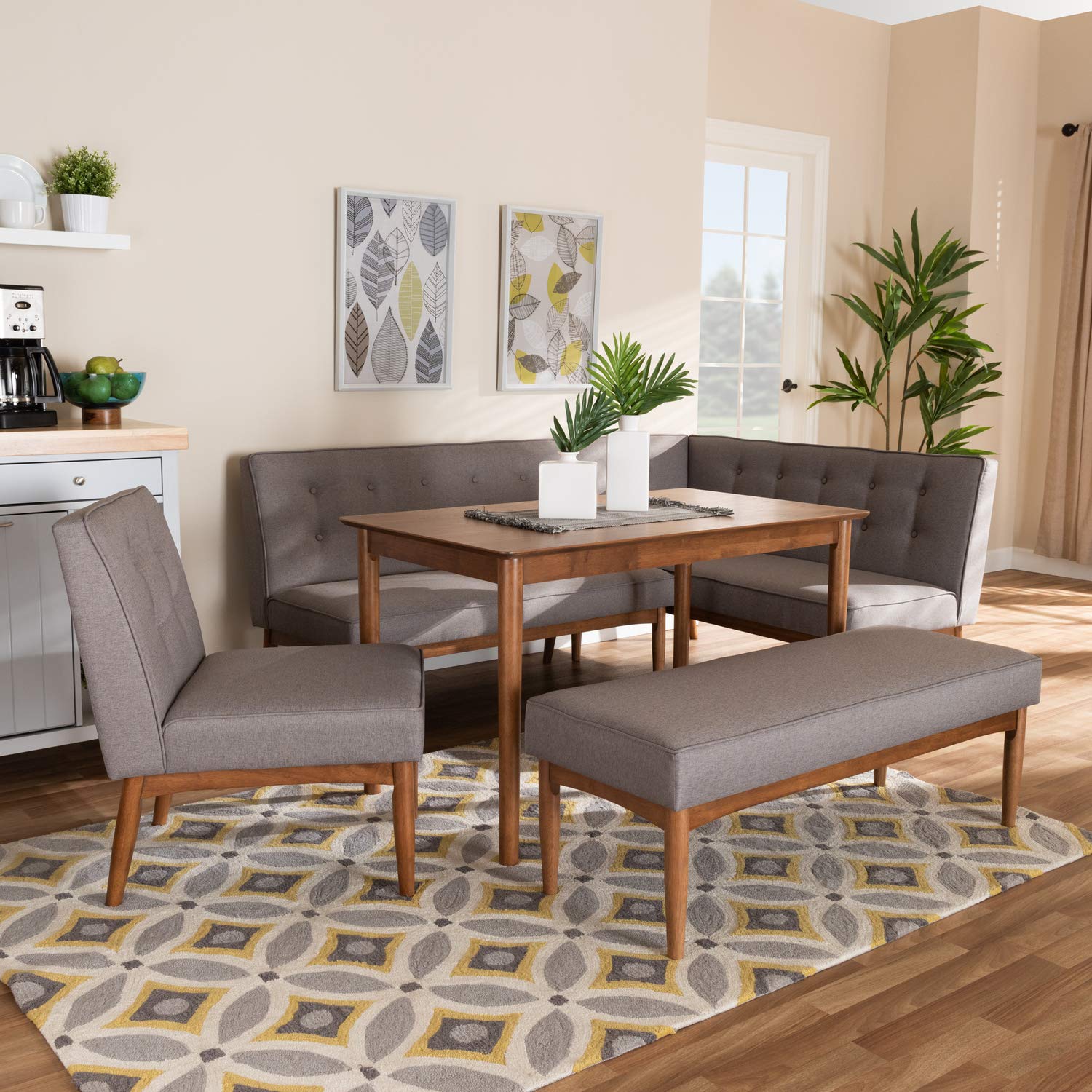 Baxton Studio Arvid Modern Tufted Fabric 5-Piece Wood Dining Nook Set in Gray