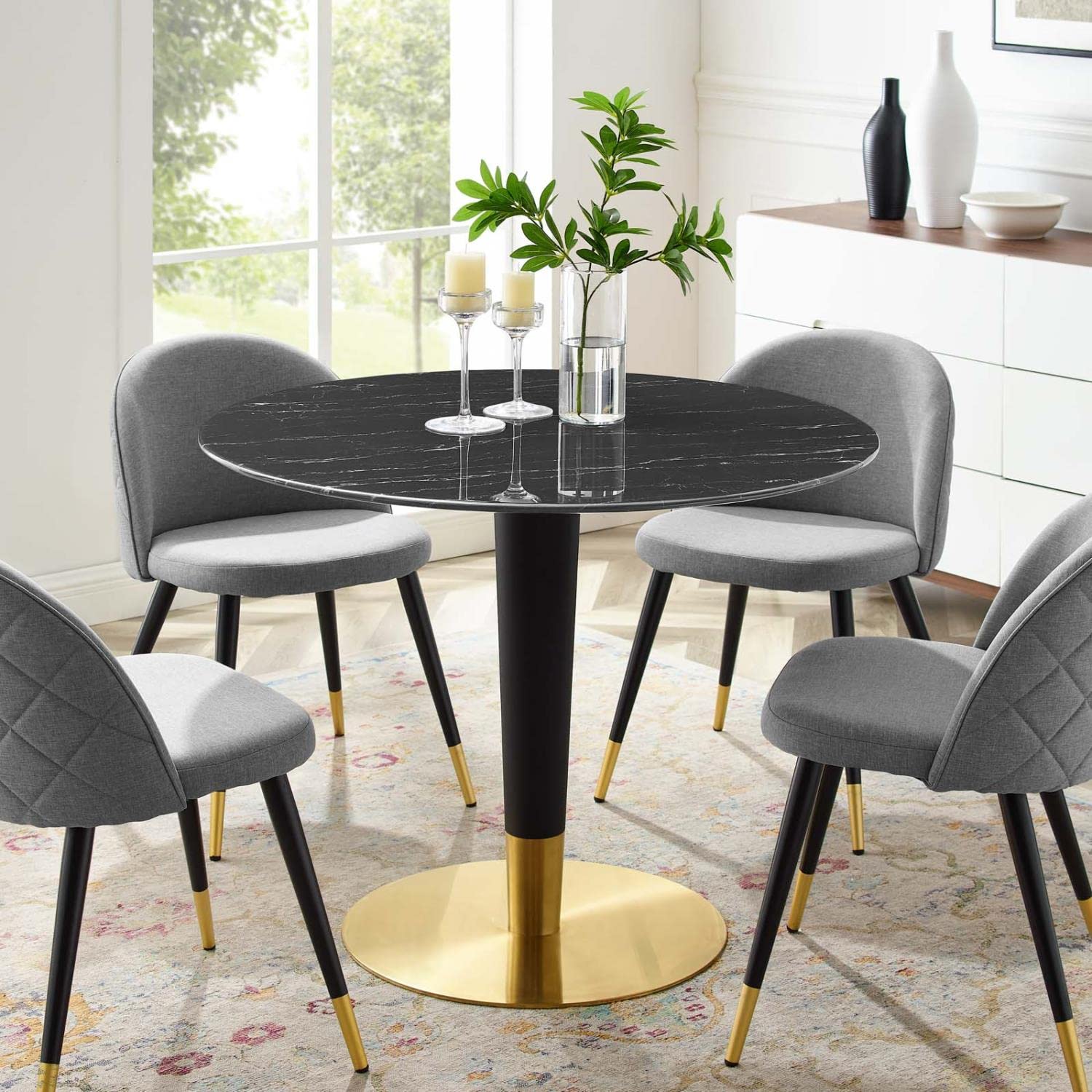 Modway Zinque Round Artificial Marble 40&quot; Dining Table in Gold Black