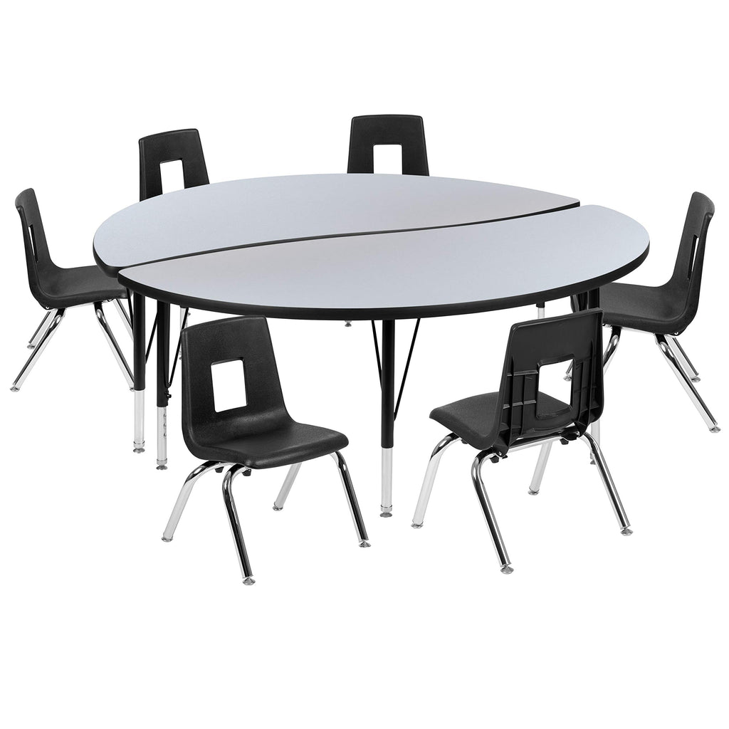Flash Furniture 60" Circle Wave Collaborative Laminate Activity Table Set With 14" Student Stack Chairs, Grey/Black