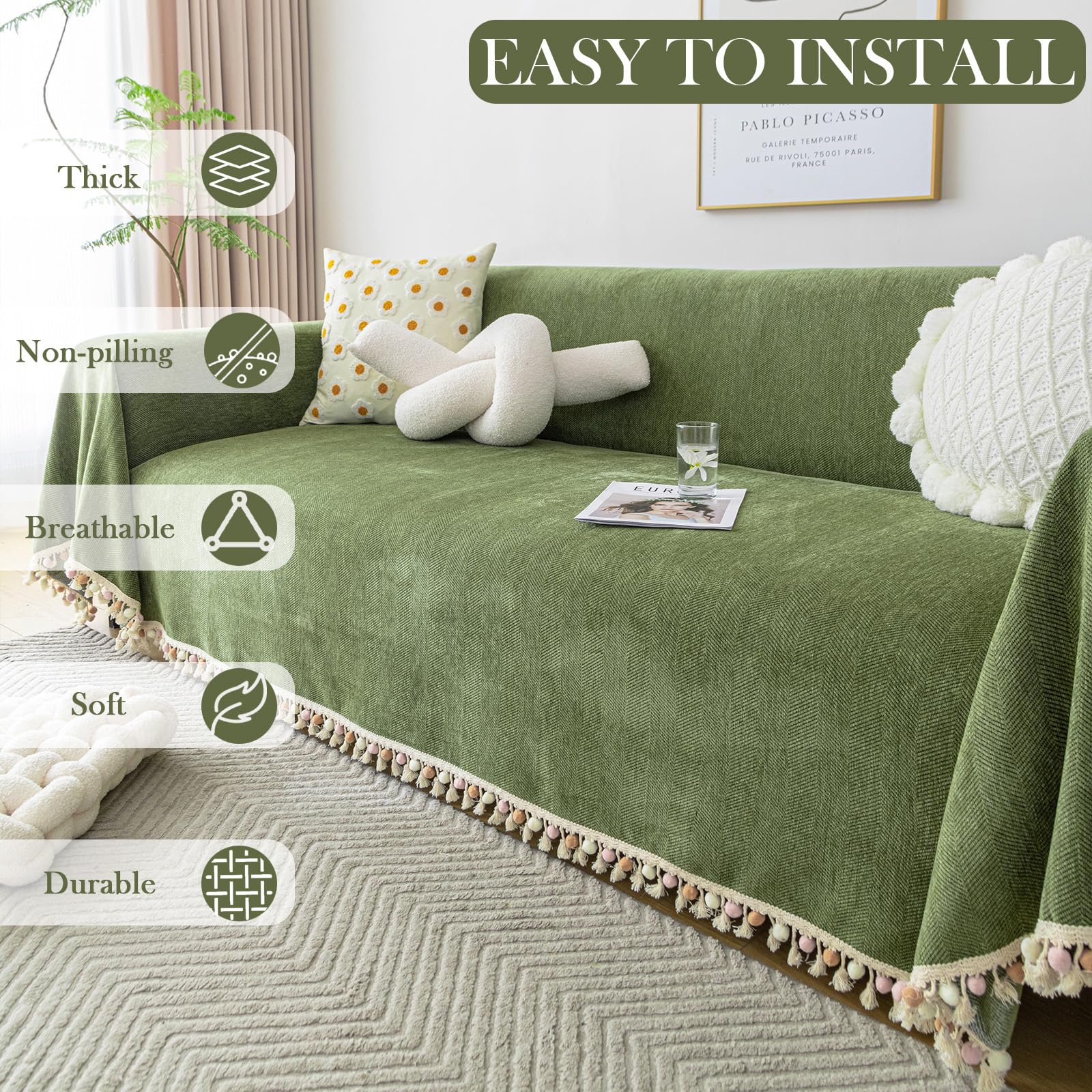 Handontime Green Sofa Cover Vintage Couch Cover For Dogs 71' X134' Couch Cushion Covers With Tassel Herringbone Sofa Cover Boho Sofa Covers For 3 Cushion Couch Chenille Soft Loveseat Sofa Covers