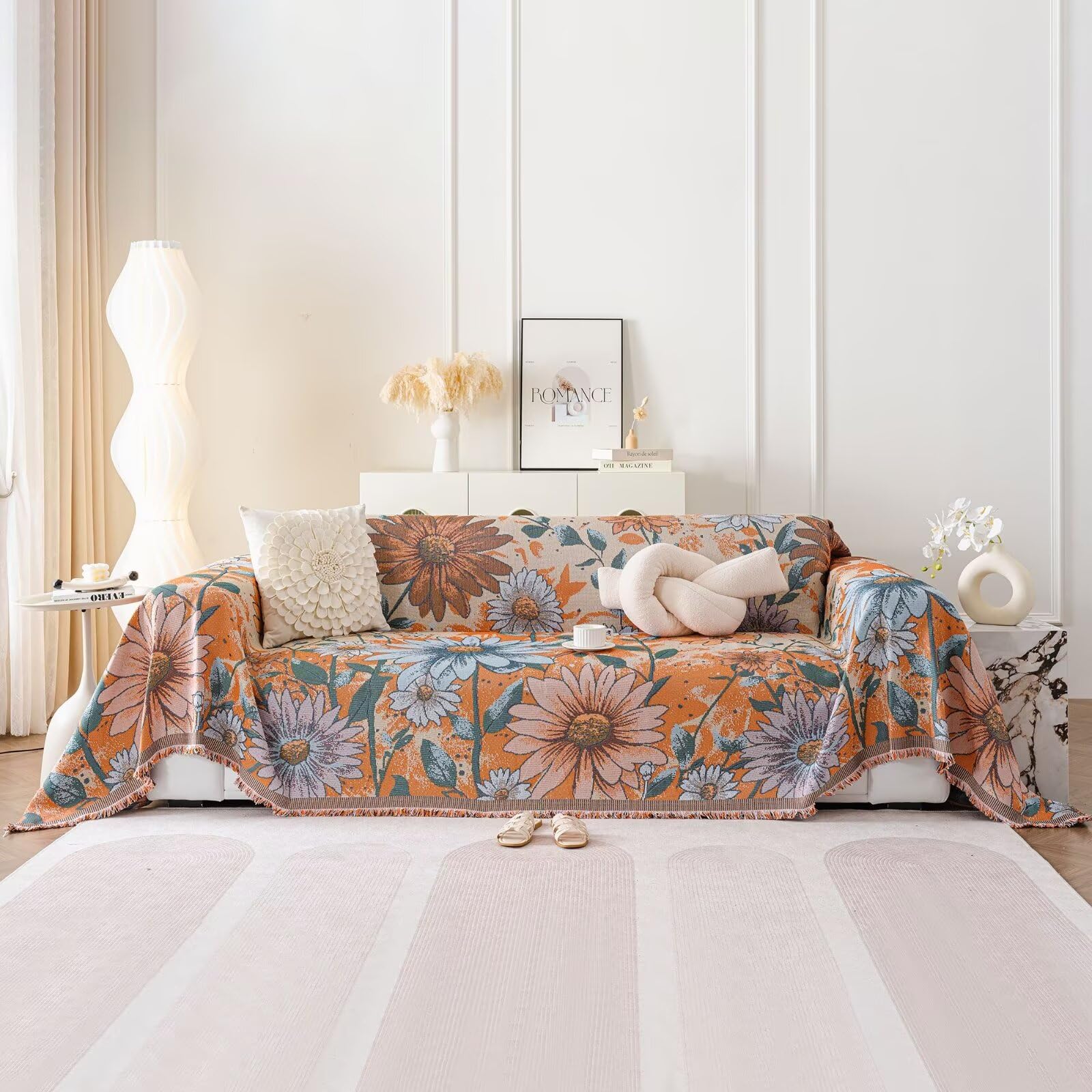 Vclife Boho Caramel Blue Flower Jacquard Couch Cover Non Slip Pet Friendly Cotton Linen Throw Couch Cover For 2-3 Cushion Couch