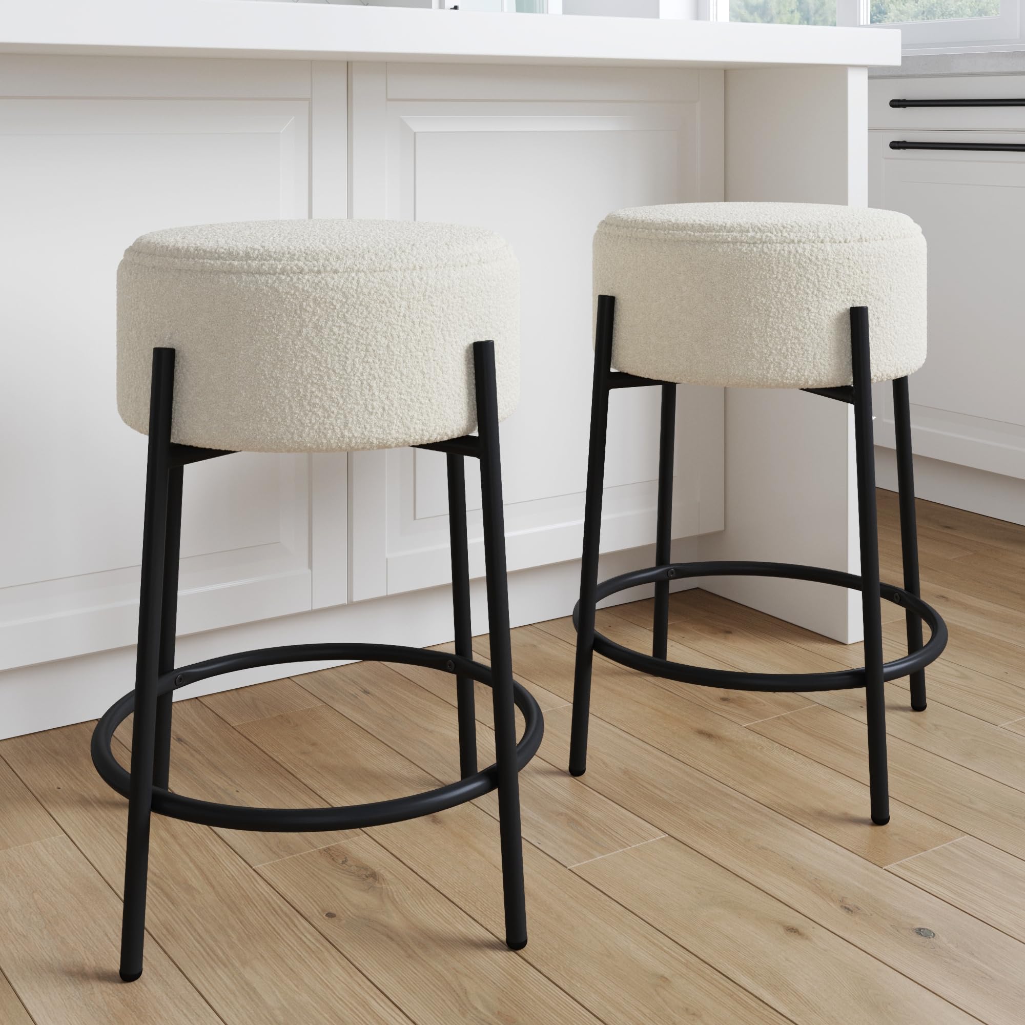 Nathan James Isaac 24 Modern Backless Bar Stool with Round Soft Padded Boucle Seat and Metal Mid-Century Base, Boucle White/Blac