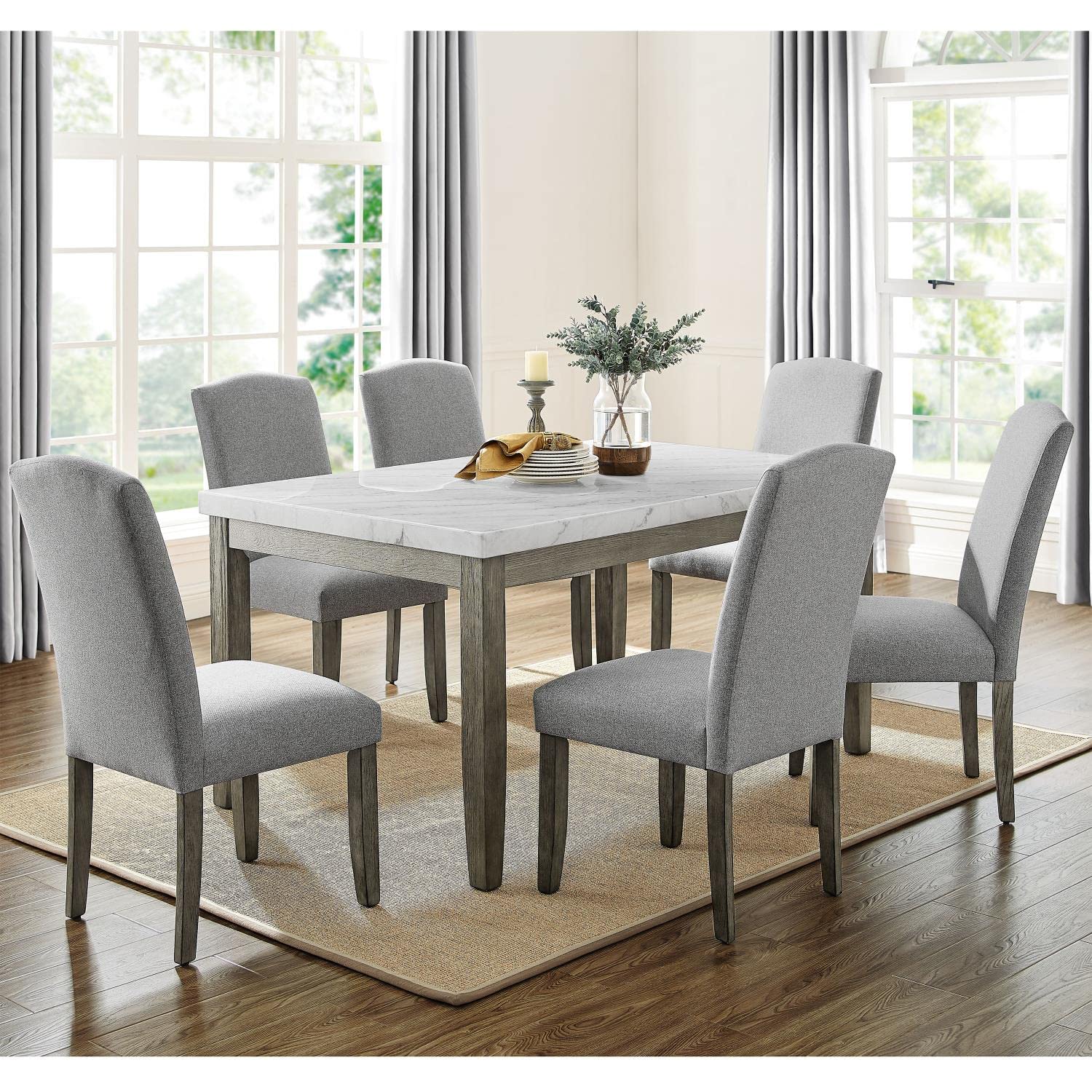 Steve Silver Furniture Emily 7pc 60-Inch Marble Dining Table Set, Transitional Styling, Includes 1 Marble Table and 6 Upholstered Dining Side Chairs, Dining Room/Kitchen, 60" L x 38" W x 31" H, Grey