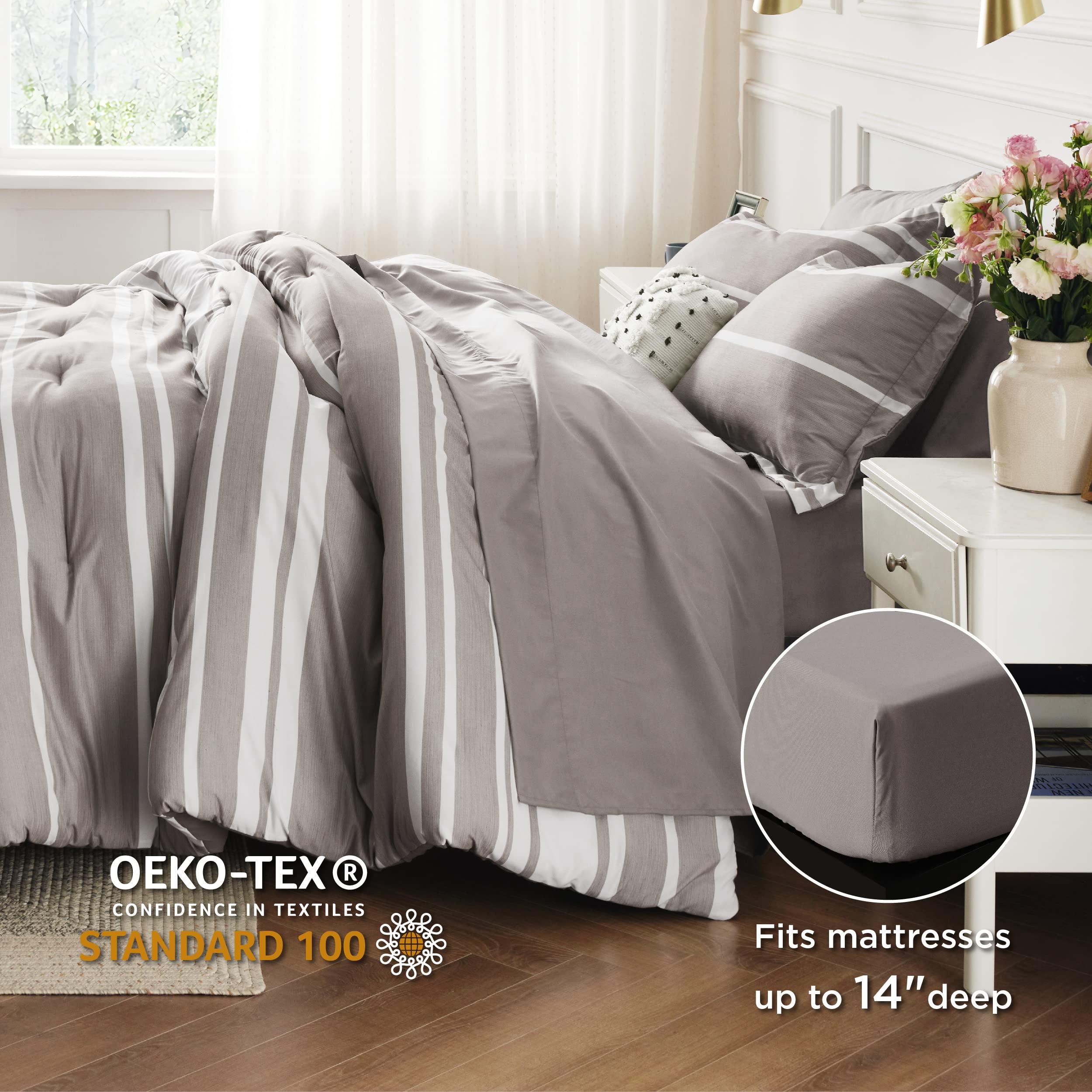 Bedsure Bed In A Bag Twin Size 5 Pieces, Warm Taupe White Striped Bedding Comforter Sets All Season Bed Set With 1 Pillow Sham, Flat Sheet, Fitted Sheet And 1 Pillowcase