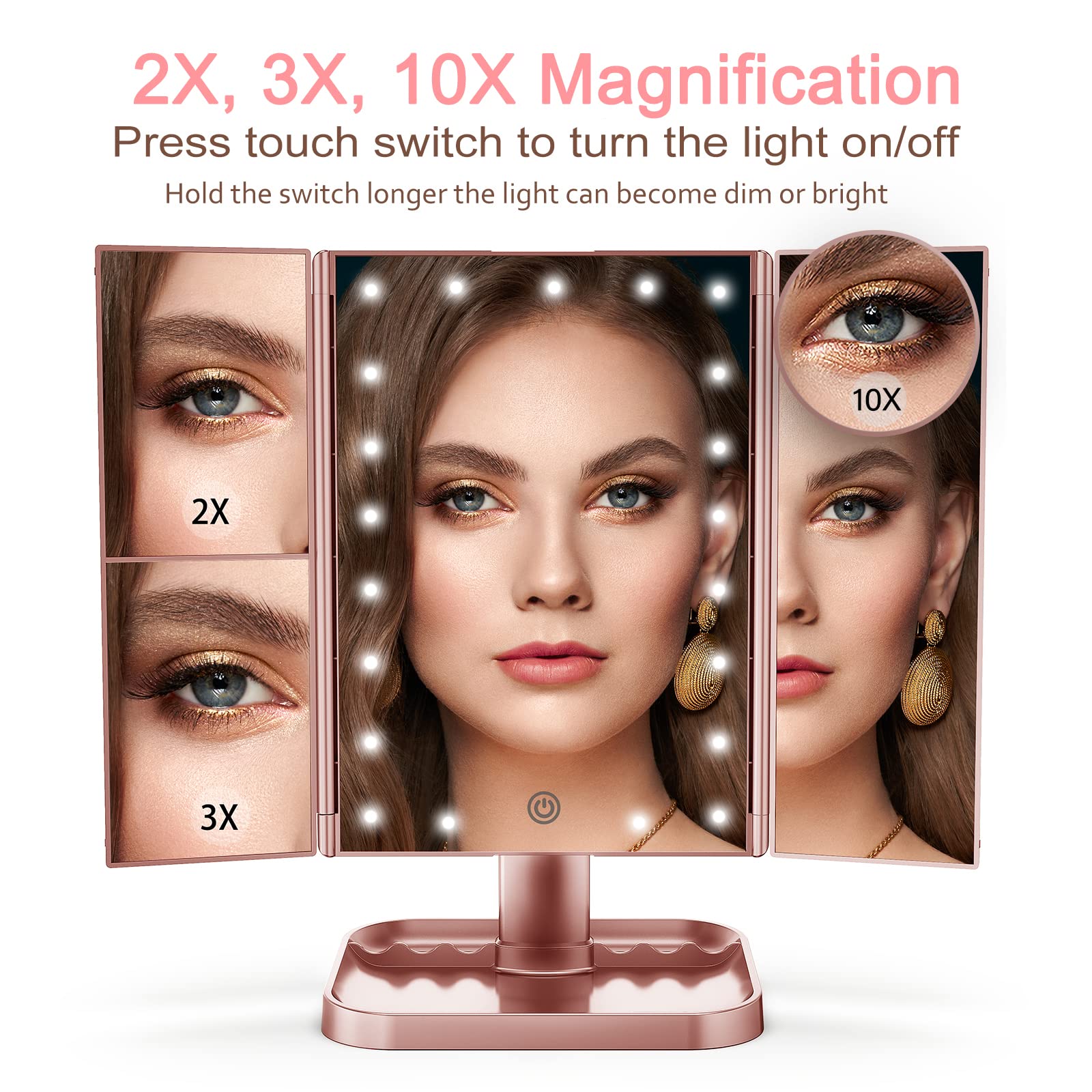 Huonul Makeup Mirror, 10X3X2X Magnification, Lighted, Touch Control, Trifold, Dual Power Supply, Portable Led, Women Gift