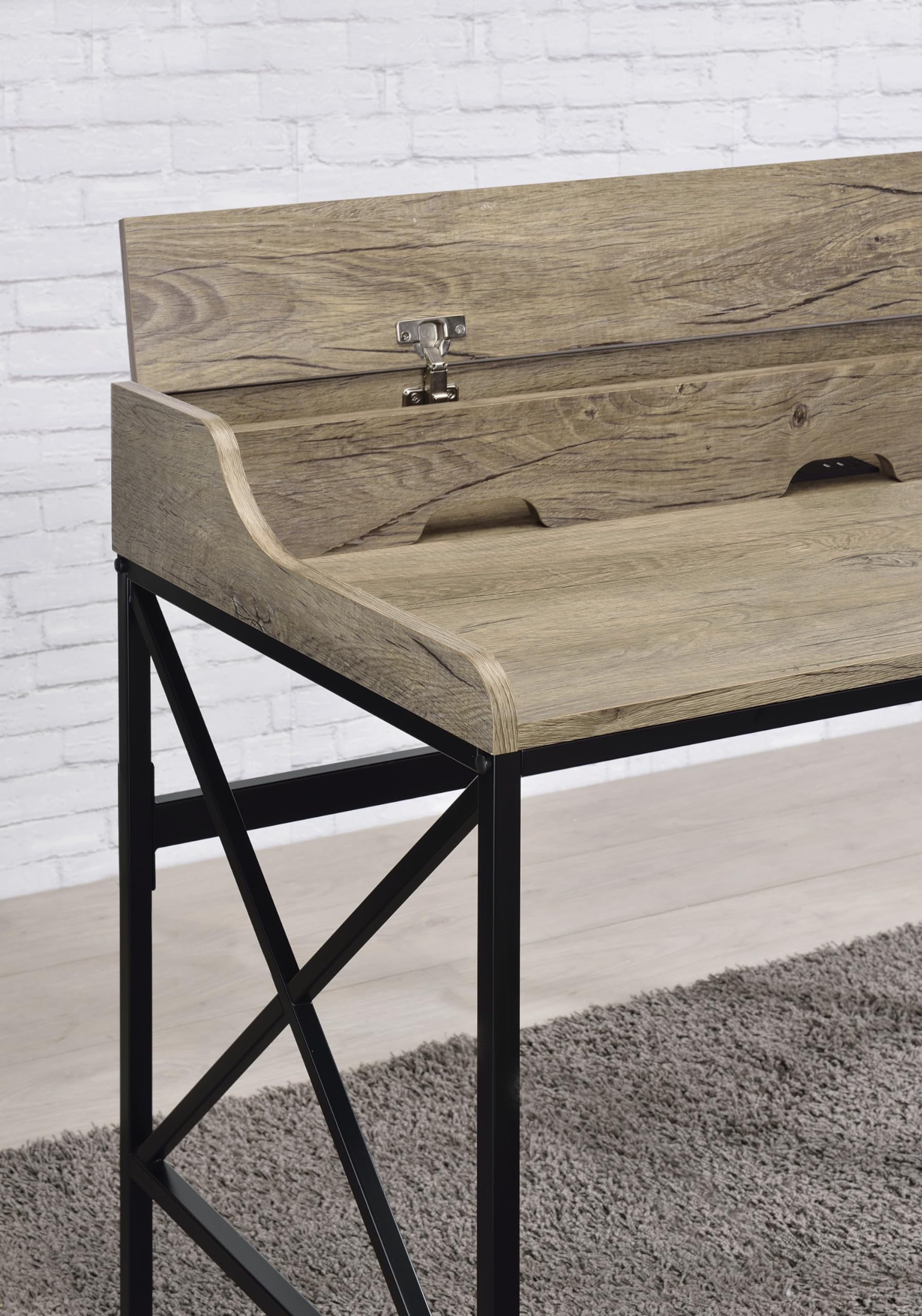 Steve Silver Co Modern Rustic Iron Tubing Wood Look, Geometric Accents, Built-in USB Ports, Desk, 48.75 x 22 x 35, Grey, Black