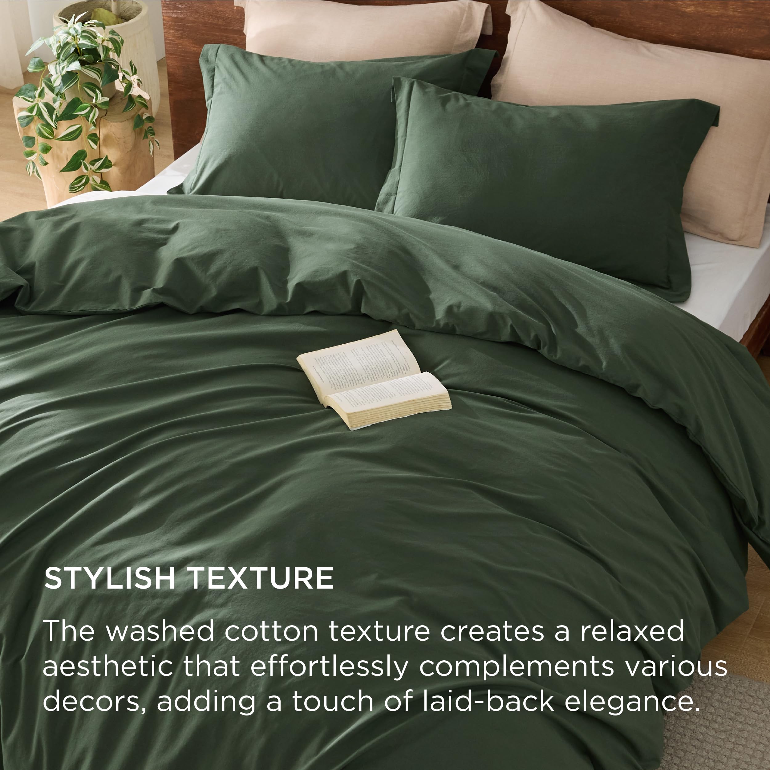 Bedsure Washed Cotton Duvet Cover Set - Olive Green, Queen (90"x90"), 3 Pieces with 2 Pillow Shams, GentleSoft™ Minimalist Bedding