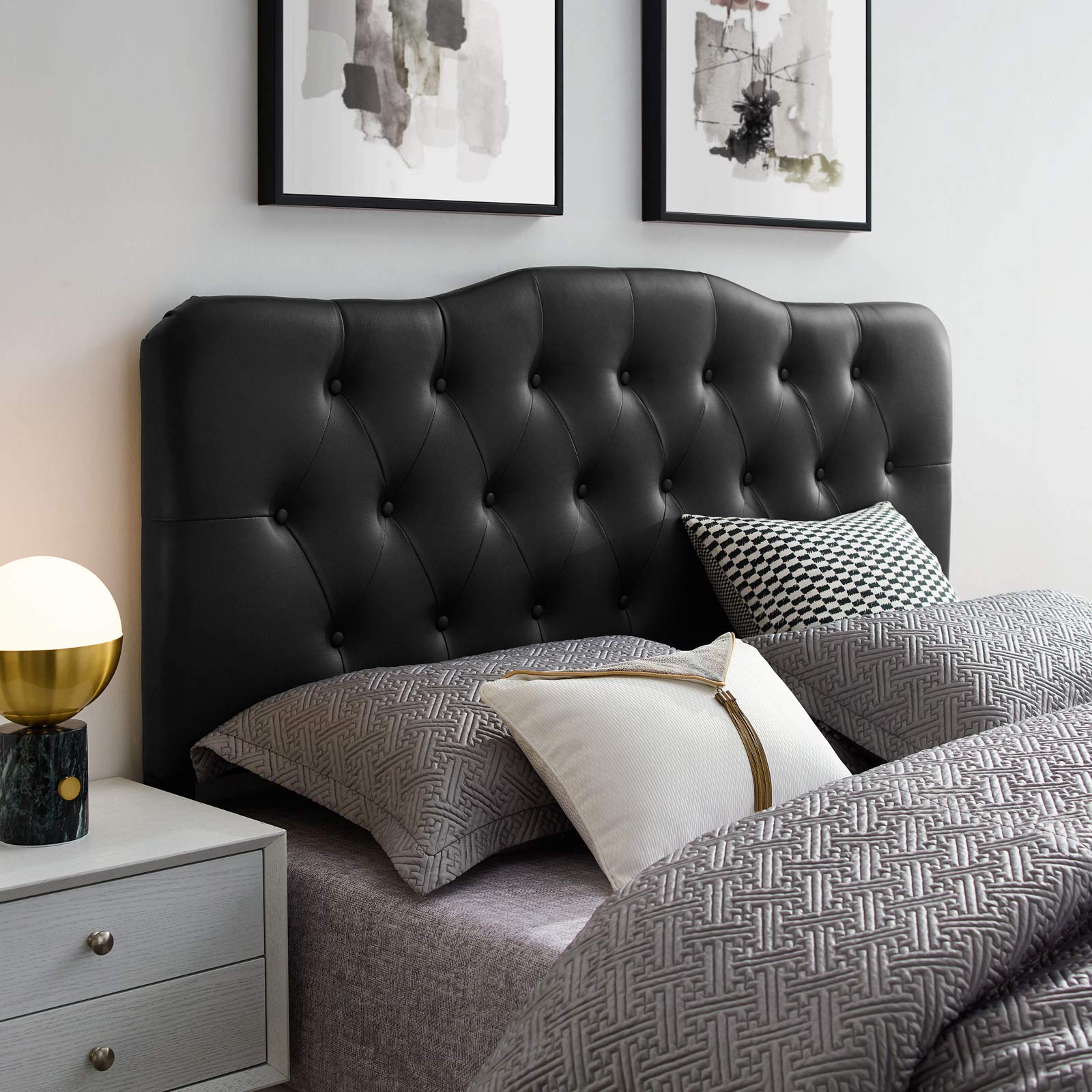 Modway Annabel Tufted Button Faux Leather Upholstered Queen Headboard in Black