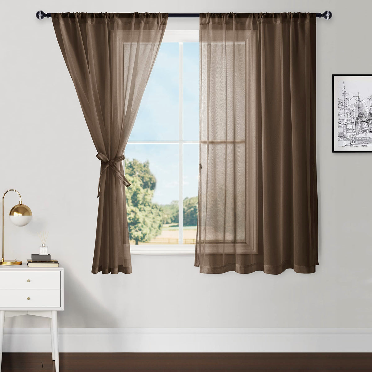 Hiasan Brown Sheer Curtains 54 Inch Length With Tiebacks, Rod Pocket Light Filtering Semi Transparent Voile Drapes Rod Pocket Wi