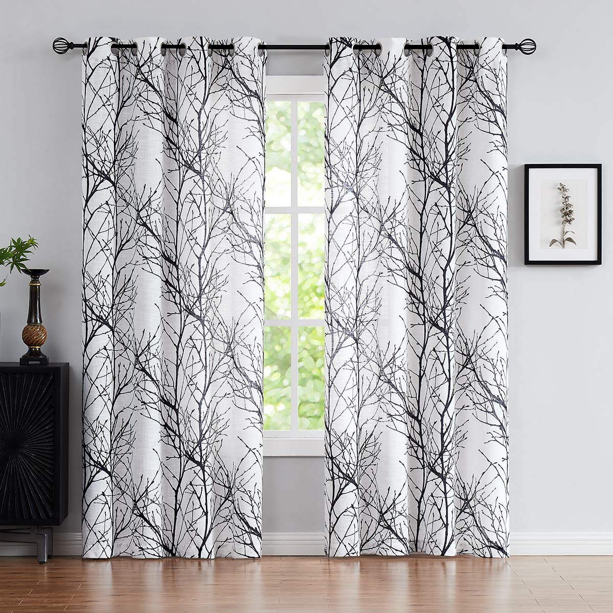 Fmfunctex Black White Sheer Curtains For Living-Room 96' Long Tree Branch Window Draperies For Bedroom Modern Print Semi-Sheer