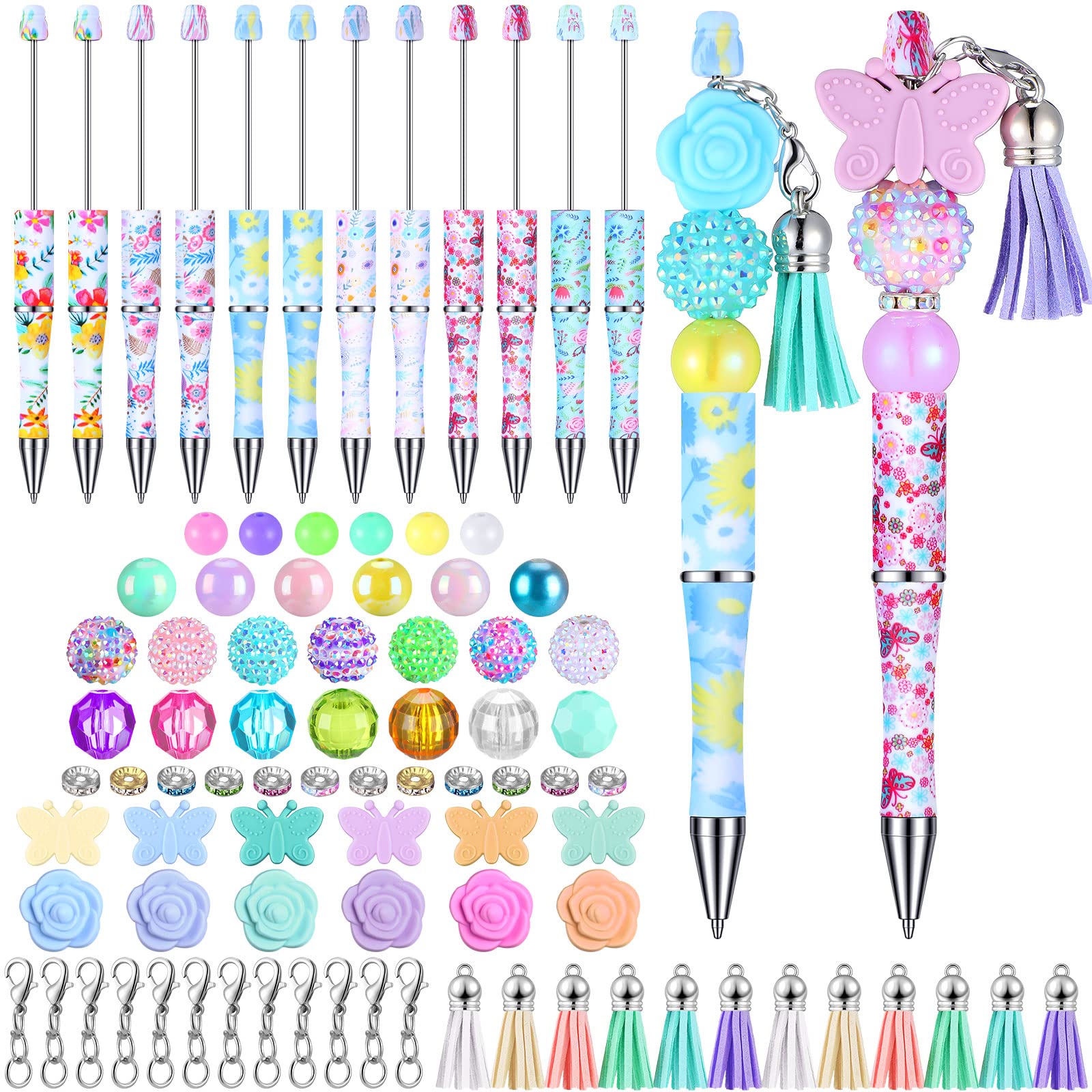 Teling 12 Pcs Beadable Pens Plastic Black Ink Ballpoint Pen With Assorted Spacer Beads Silicone Beads And Tassels And 12 Pcs Lob