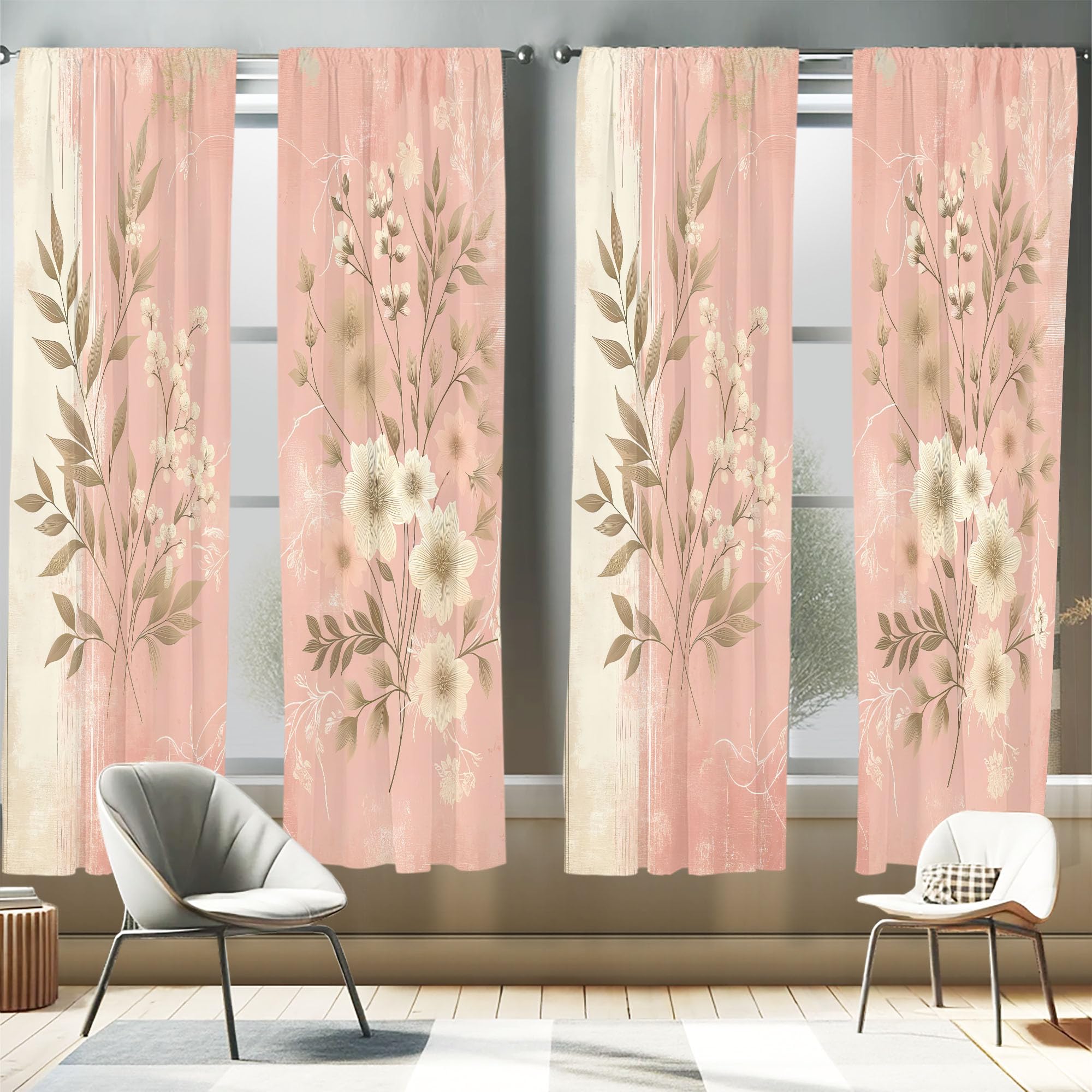 Ambesonne Pink Window Curtains Pack Of 2, Leafy Floral Illustration Modern Boho Concept Rose Tones Grunge Art Minimalist, Lightw