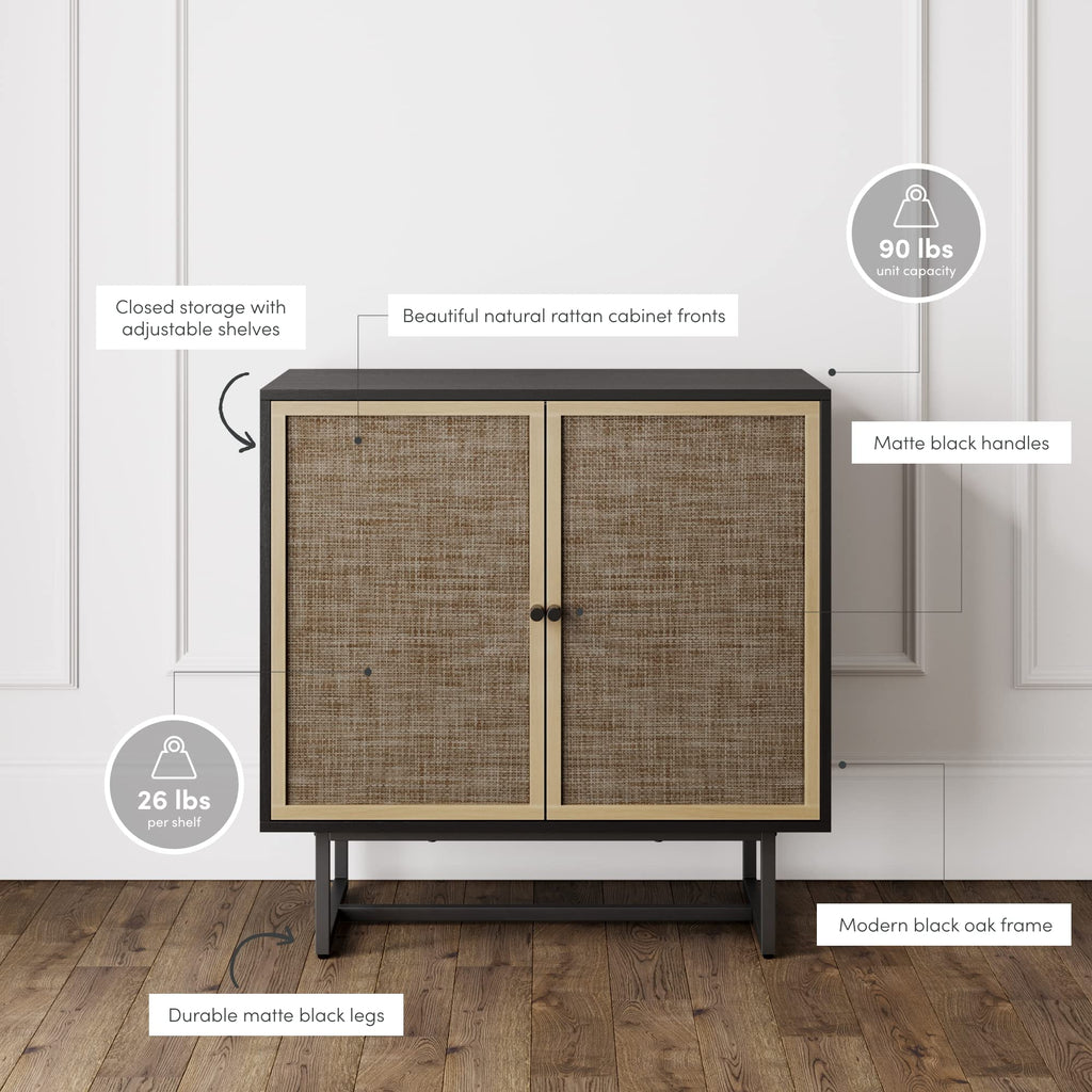 Nathan James Kova Rattan Wood Accent Sideboard Storage Cabinet Large Console Table With Metal Frame, Adjustable Shelves And Cane Doors, For Hallway, Entryway Or Living Room, Black Oak/Cane, Set Of 4