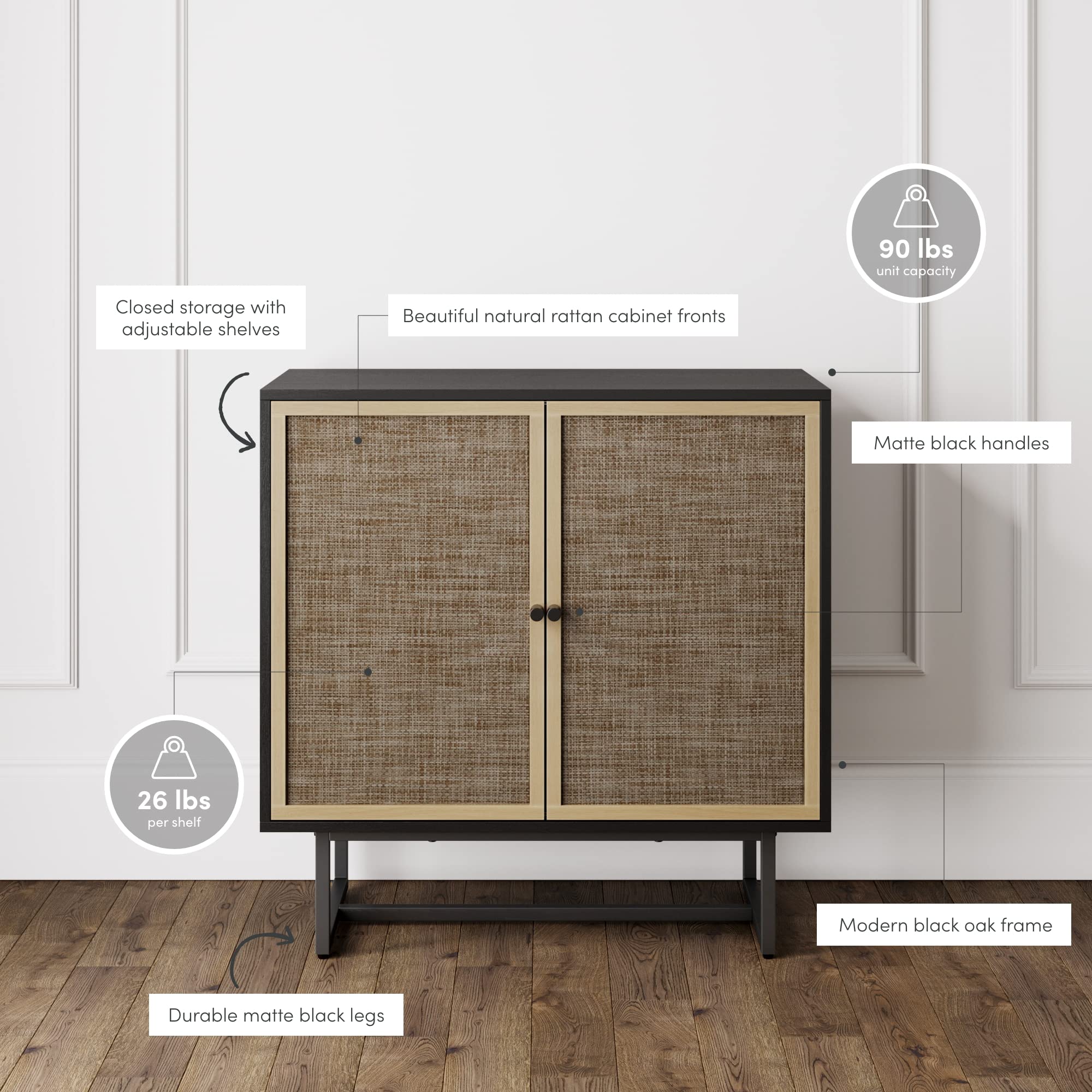 Nathan James Kova Rattan Wood Accent Sideboard Storage Cabinet Large Console Table With Metal Frame, Adjustable Shelves And Cane Doors, For Hallway, Entryway Or Living Room, Black Oak/Cane, Set Of 4