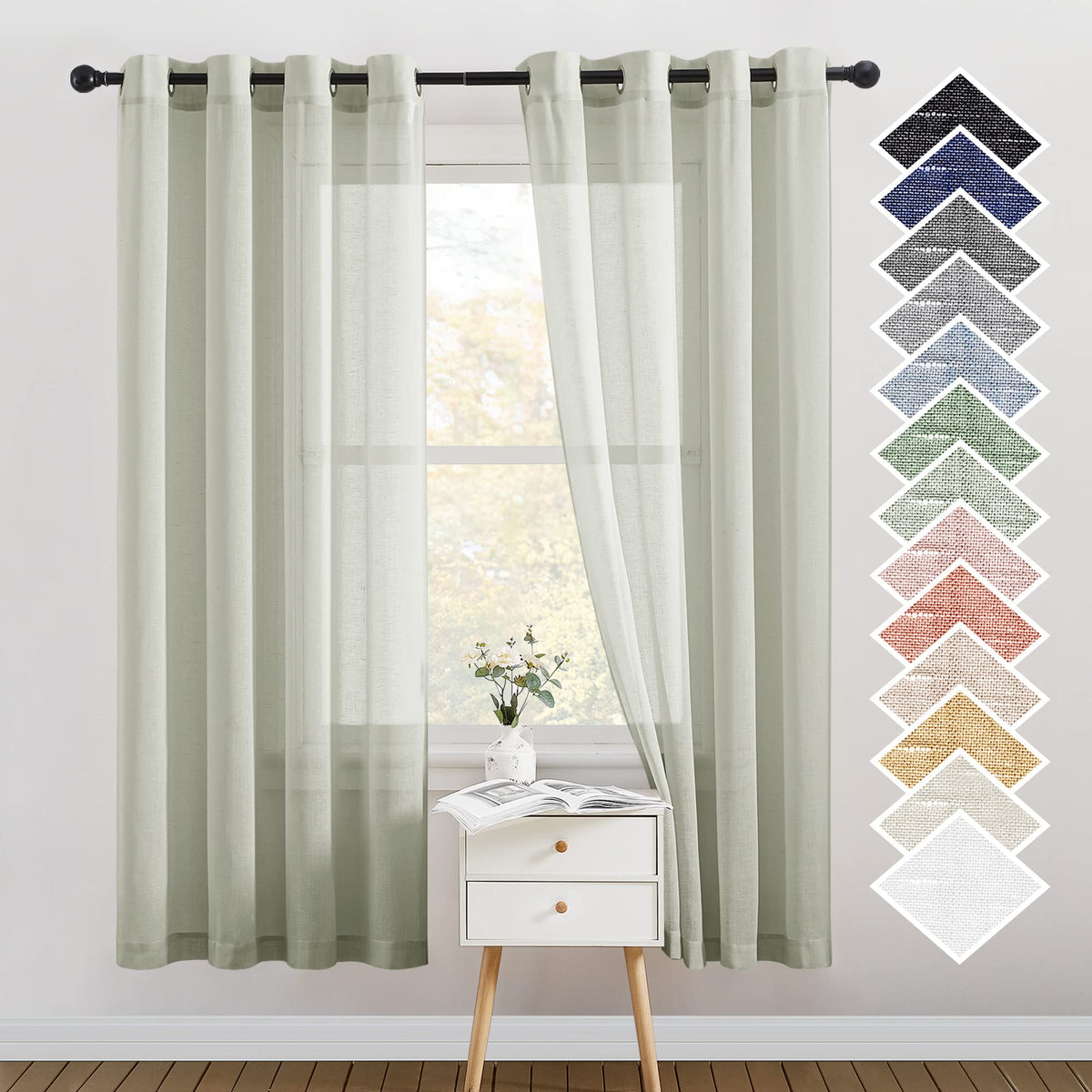 Nicetown Flax Linen Sheer Curtains For Bedroom, Retro Grommet Top Linen Blend Semitransparent Privacy Window Treatment Light Fil