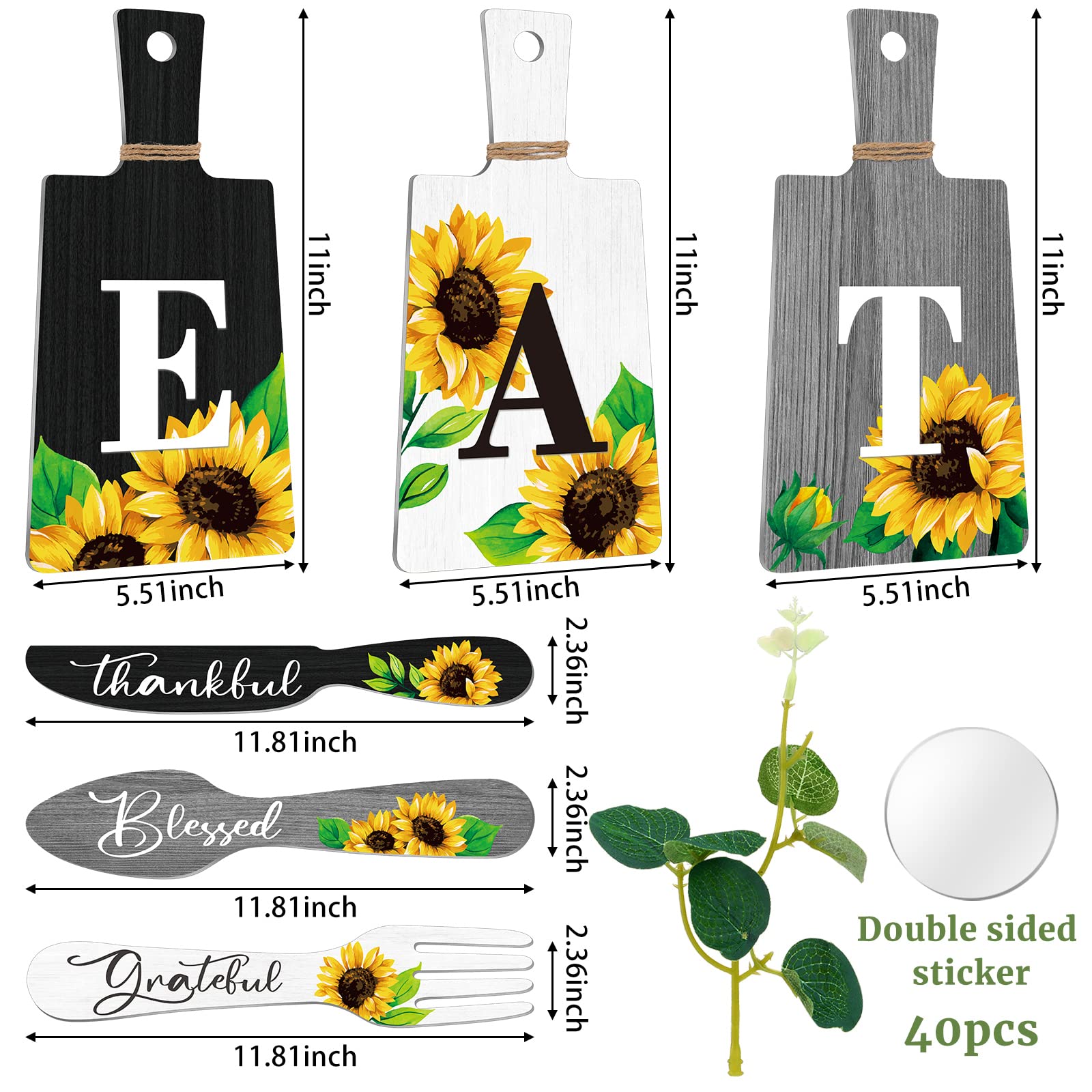 Bucherry Set Of 6 Sunflower Kitchen Decor Sets Eat Signs Fork And Spoon Wooden Kitchen Wall Decor Hanging Plaques Farmhouse Sunf