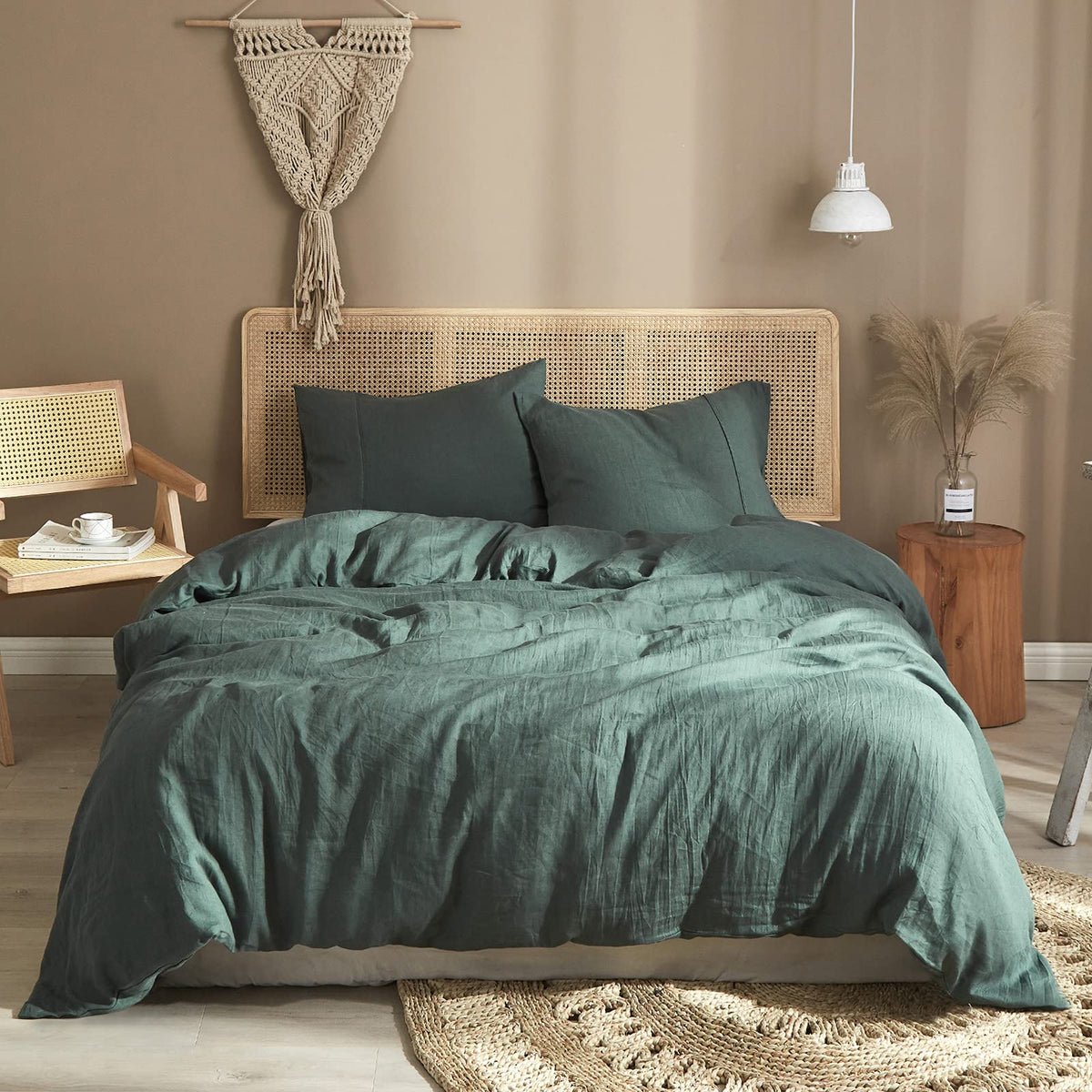 Ivellow Green Linen Duvet Cover Queen 100% Pure Washed French Flax Linen Duvet Cover Set Soft Breathable Moisture Wicking Coolin
