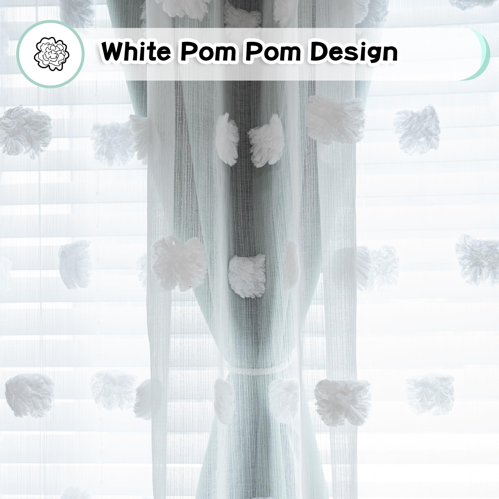 Mysky Home 90 Inches Long Aqua Curtains For Living Room Nursery Curtains For Bedroom Double Layer Curtains White Pom Pom Sheer Curtains For Dining Room Grommet Room Darkening Window Panels W52 X L90