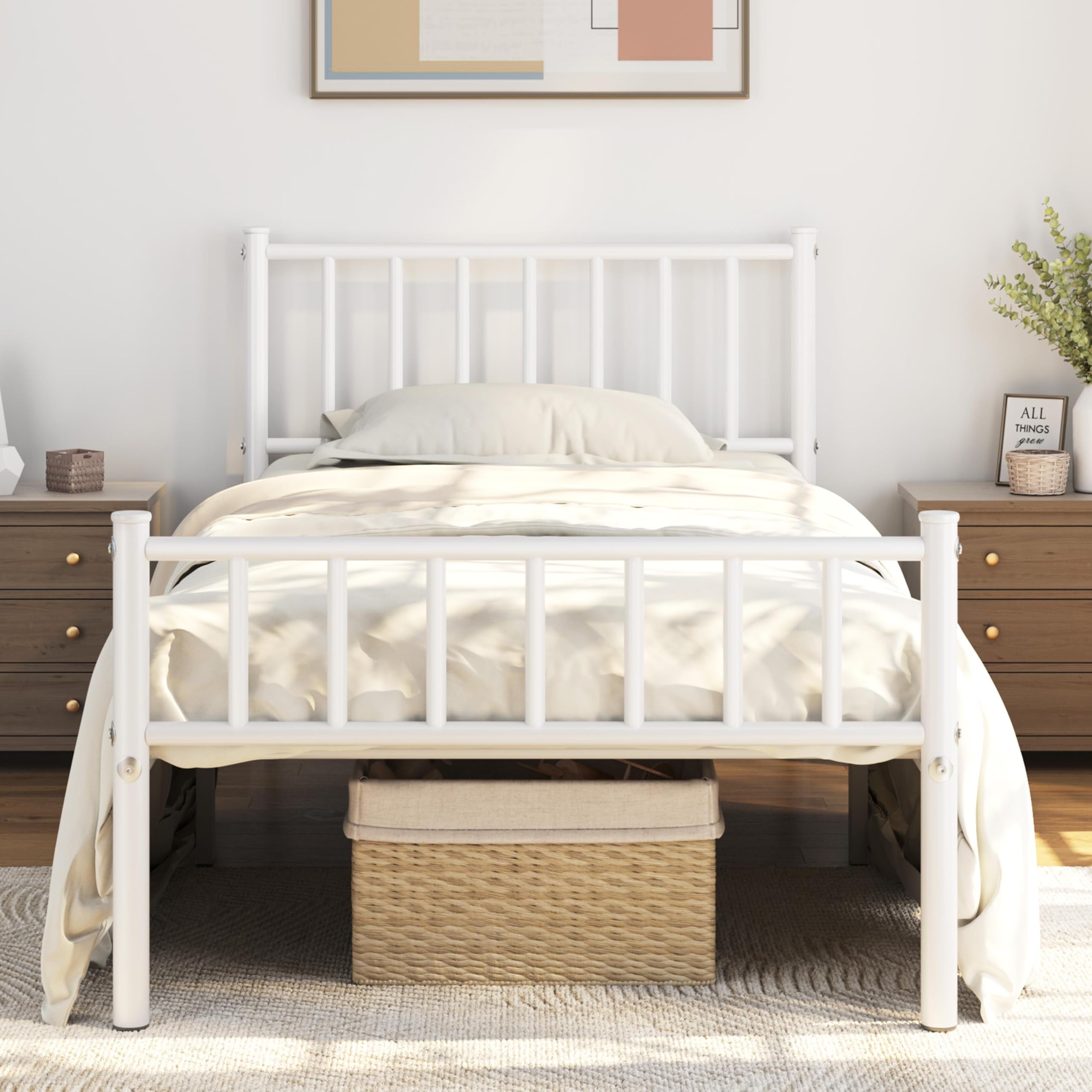 Yaheetech Twin Size Bed Frame Metal Platform Mattress Foundation With Spindle Headboard & Footboard/No Box Spring Needed/14 Inch Underbed Storage/Firm Support Easy Set Up Structure, White