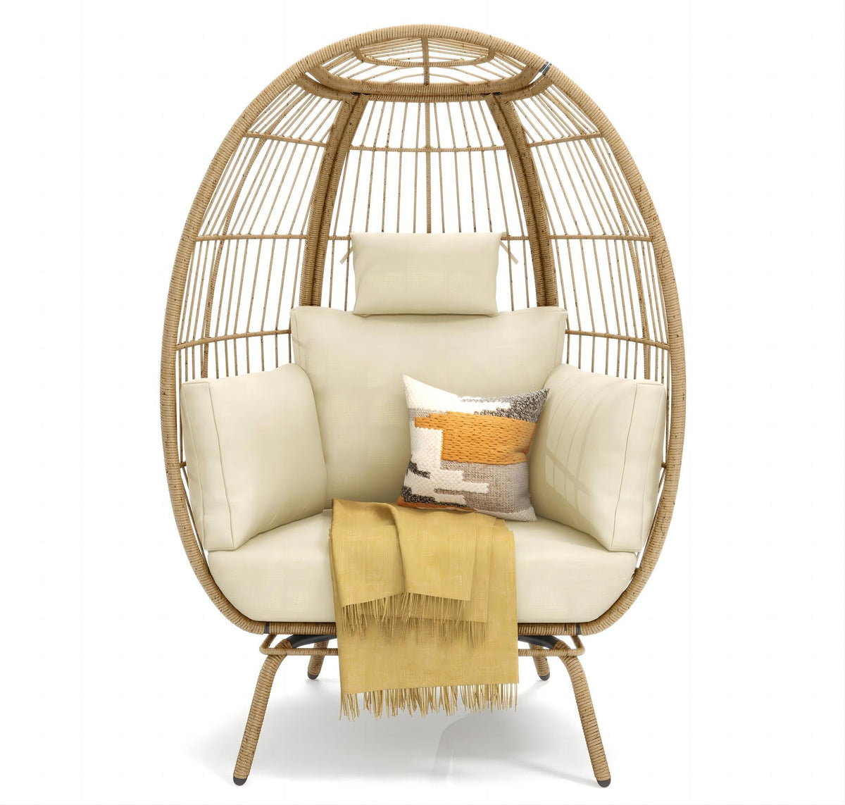 Yitahome Egg Chair Outdoor, 370Lbs Capacity Wicker Patio Basket Chair, All-Weather Oversized Stationary Egg Lounger Chair For Indoor Living Room Outside Balcony Backyard (Beige)