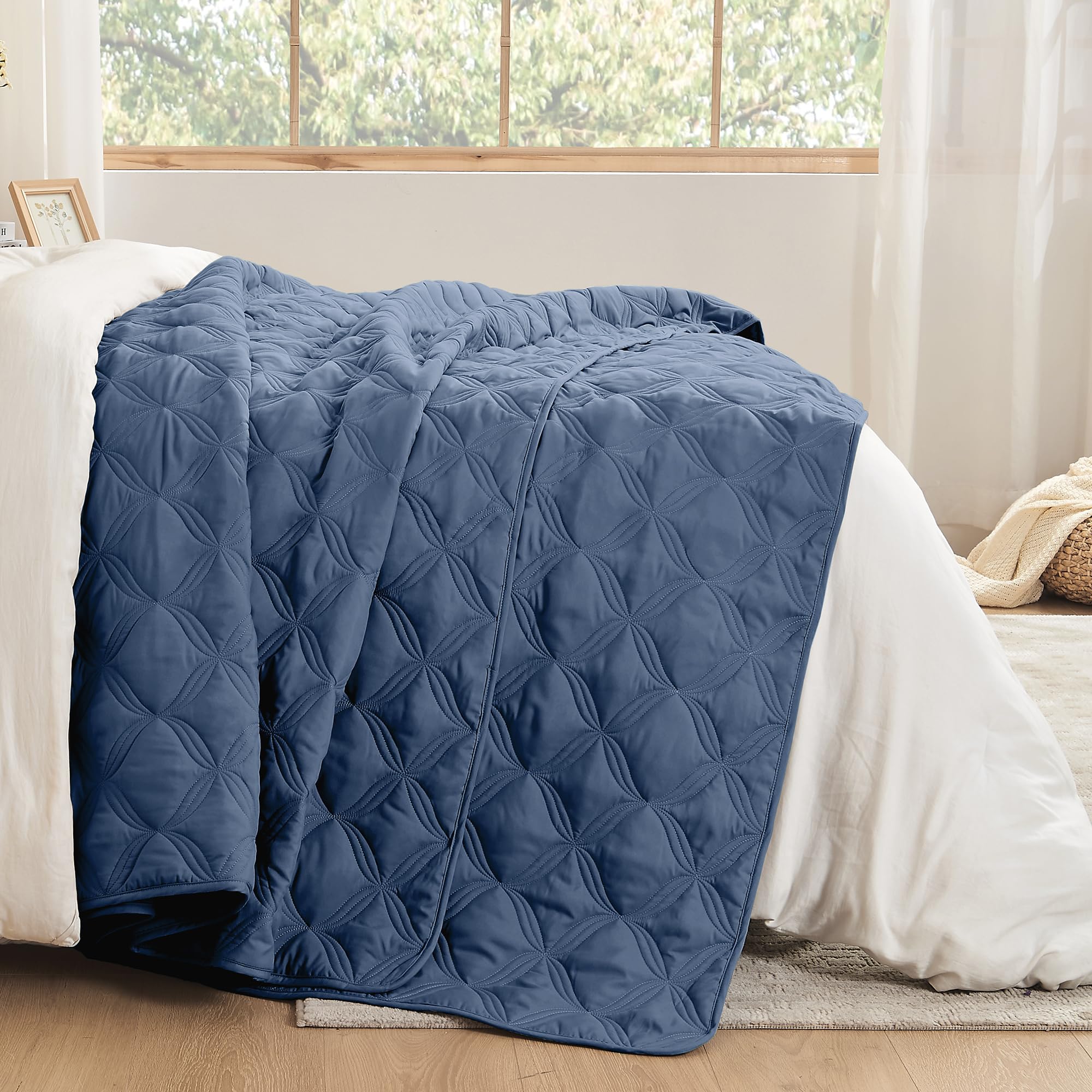 Litanika Oversized King Quilt Bedding Set, 128X120 Inch Super King Ocean Blue Comforter Bedspreads Lightweight Bed Coverlets Boh