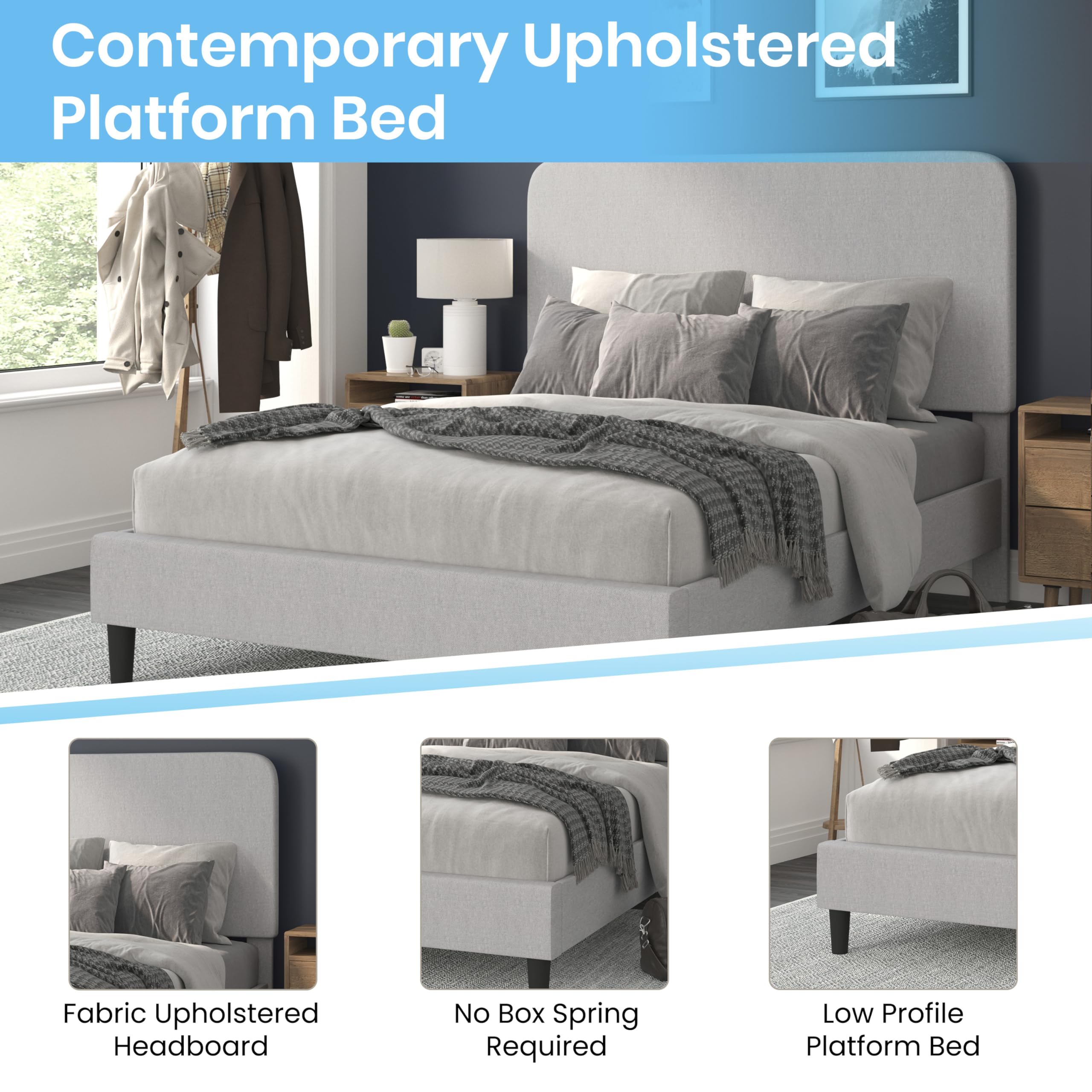 Flash Furniture Addison Queen Size Platform Bed with Fabric Upholstered Headboard, Timeless Low-Profile Queen Bed Frame with Headboard, Light Gray