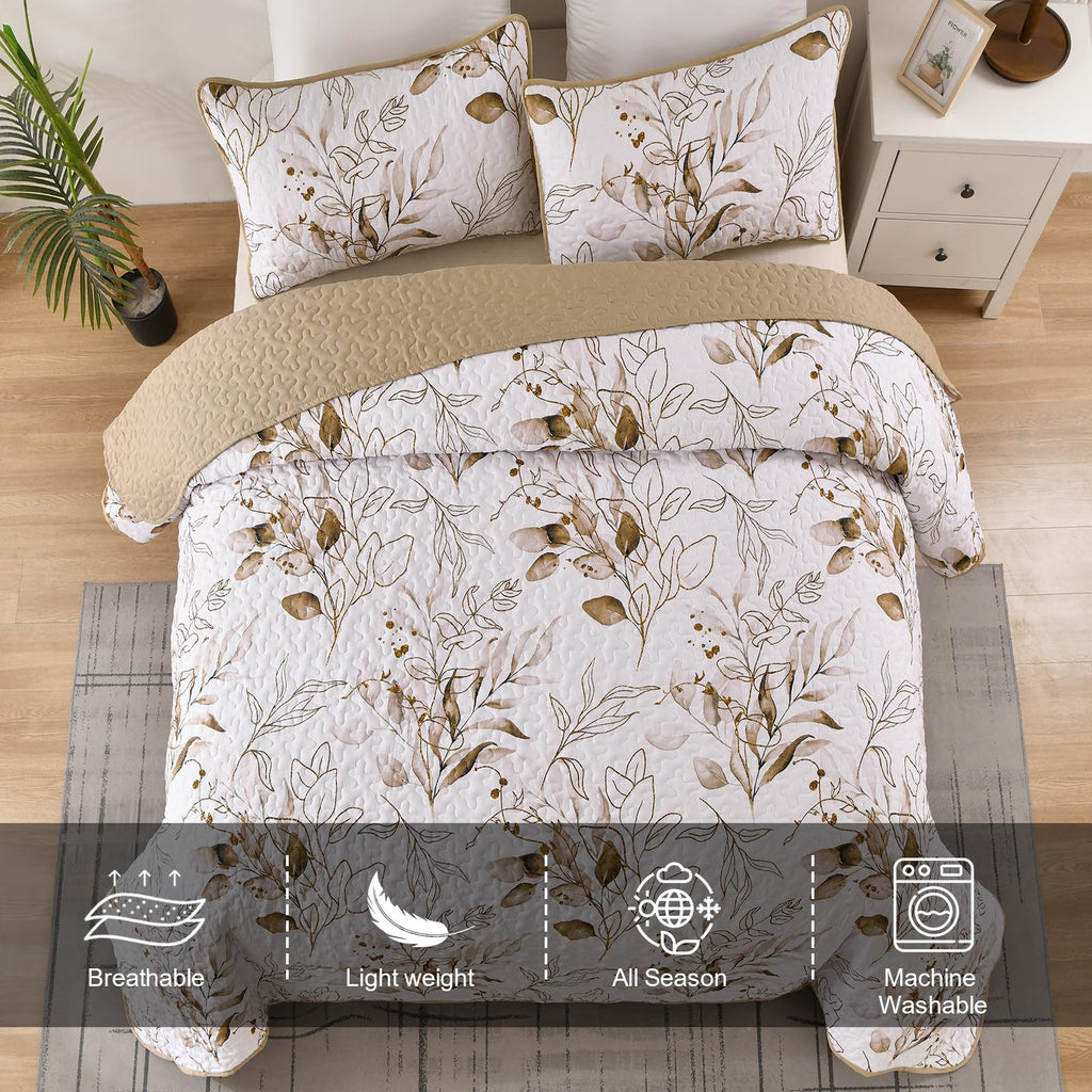 Aninbedding Floral King Quilt Set,Brown Botanical Bedspread Coverlet Set With 2 Pillowcases,Lightweight Soft Micorfiber Bedding