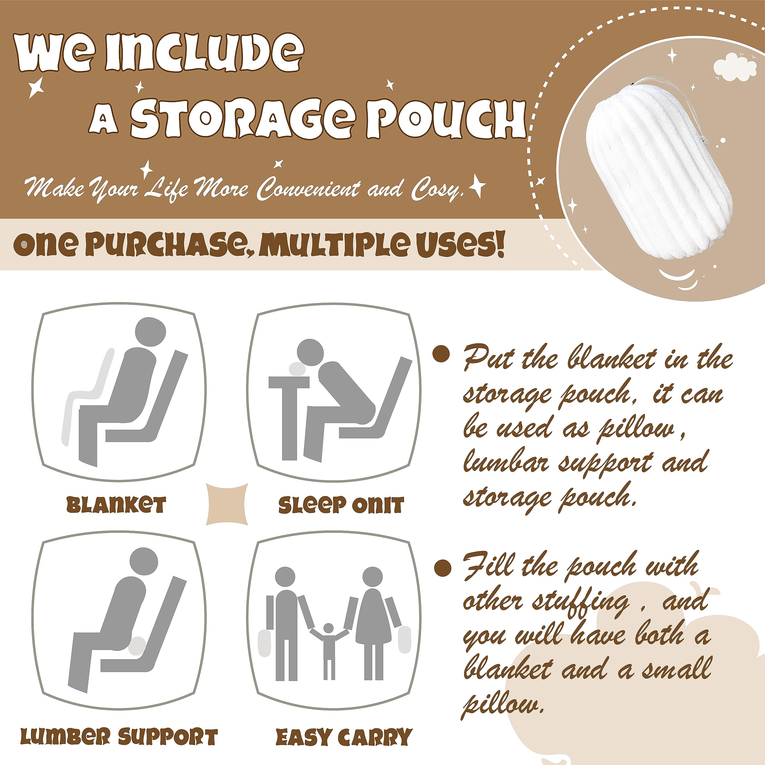 Bnuitland White Flannel Throw (60X80 Inches) With Storage Pouch,300Gsm Super Soft Fleece Stripe Pattern Sofa Blanket For Adults,