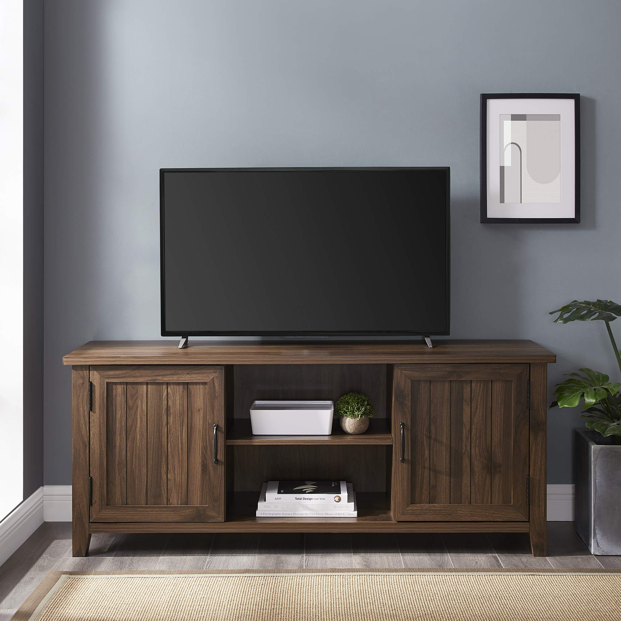 Walker Edison Buren Classic Grooved Door Tv Stand For Tvs Up To 65 Inches, 58 Inch, Walnut