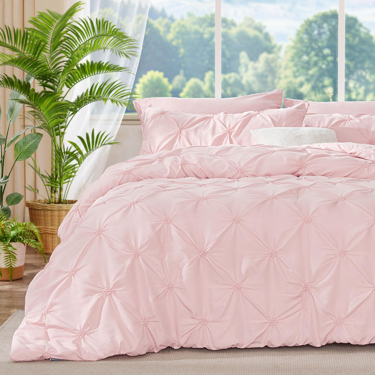 Bedelite Baby Pink King Size Comforter Set - 3 Pieces Boho Pintuck Bedding Comforter Sets, Lightweight Soft & Warm King Bedding