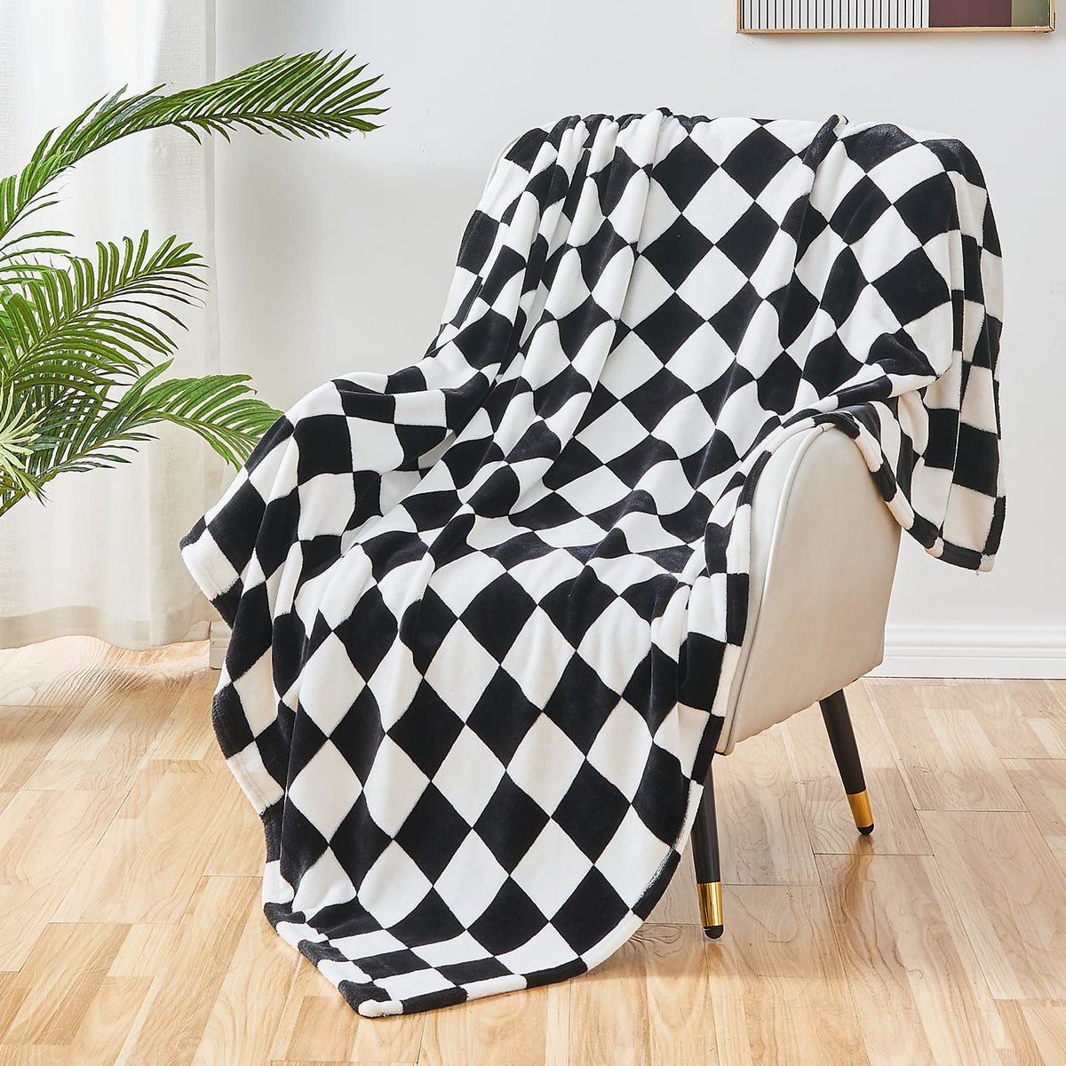 Sochow Checkered Flannel Throw Blanket, Soft Cozy Checkerboard Grid Pattern Fleece Blanket For Couch Bed Sofa, Black 60 X 80 Inc