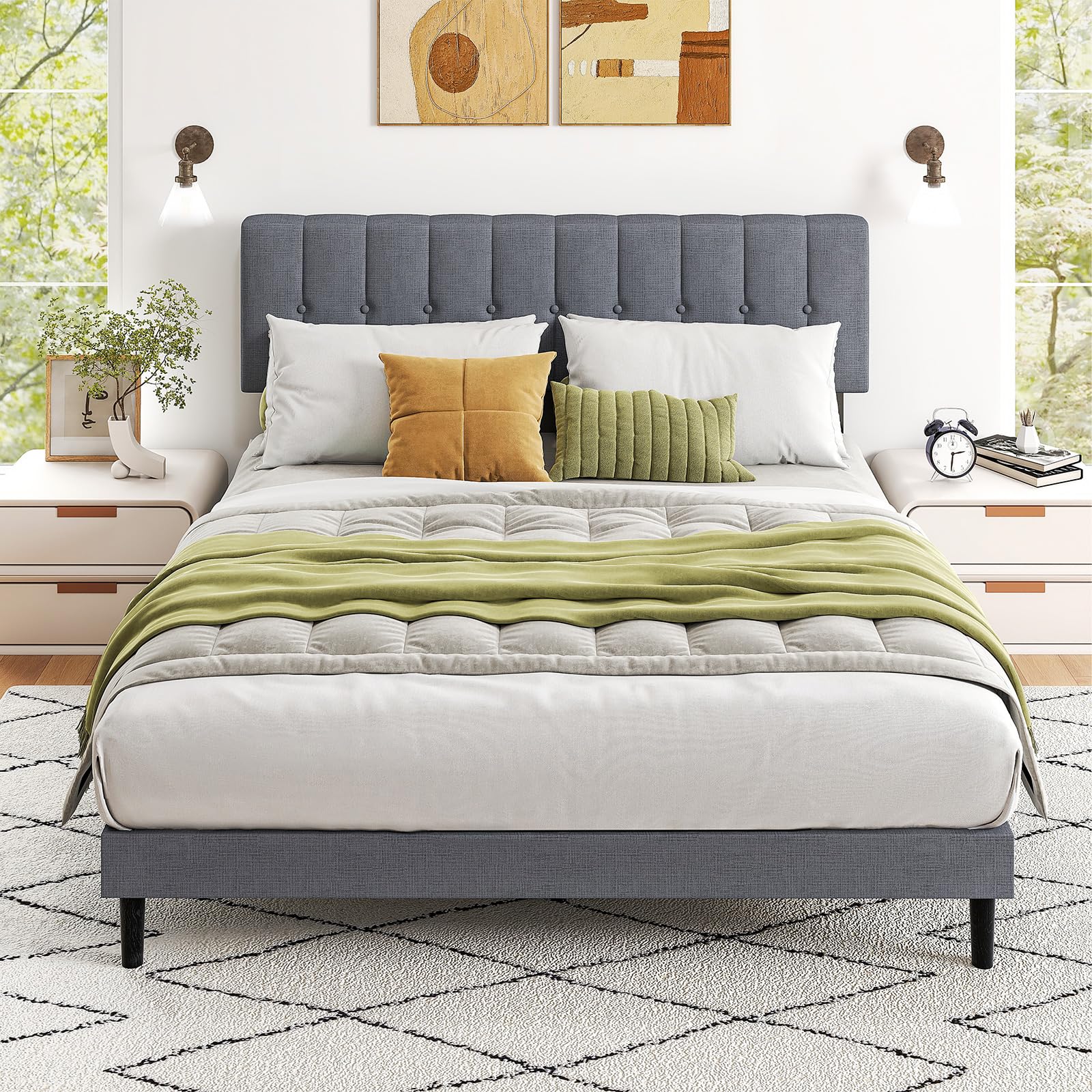 Sweetcrispy King Size Bed Frame - Fabric Upholstered Platform Bed with Headboard, 800LBS Sturdy Wooden Slats Support, No Box Spr