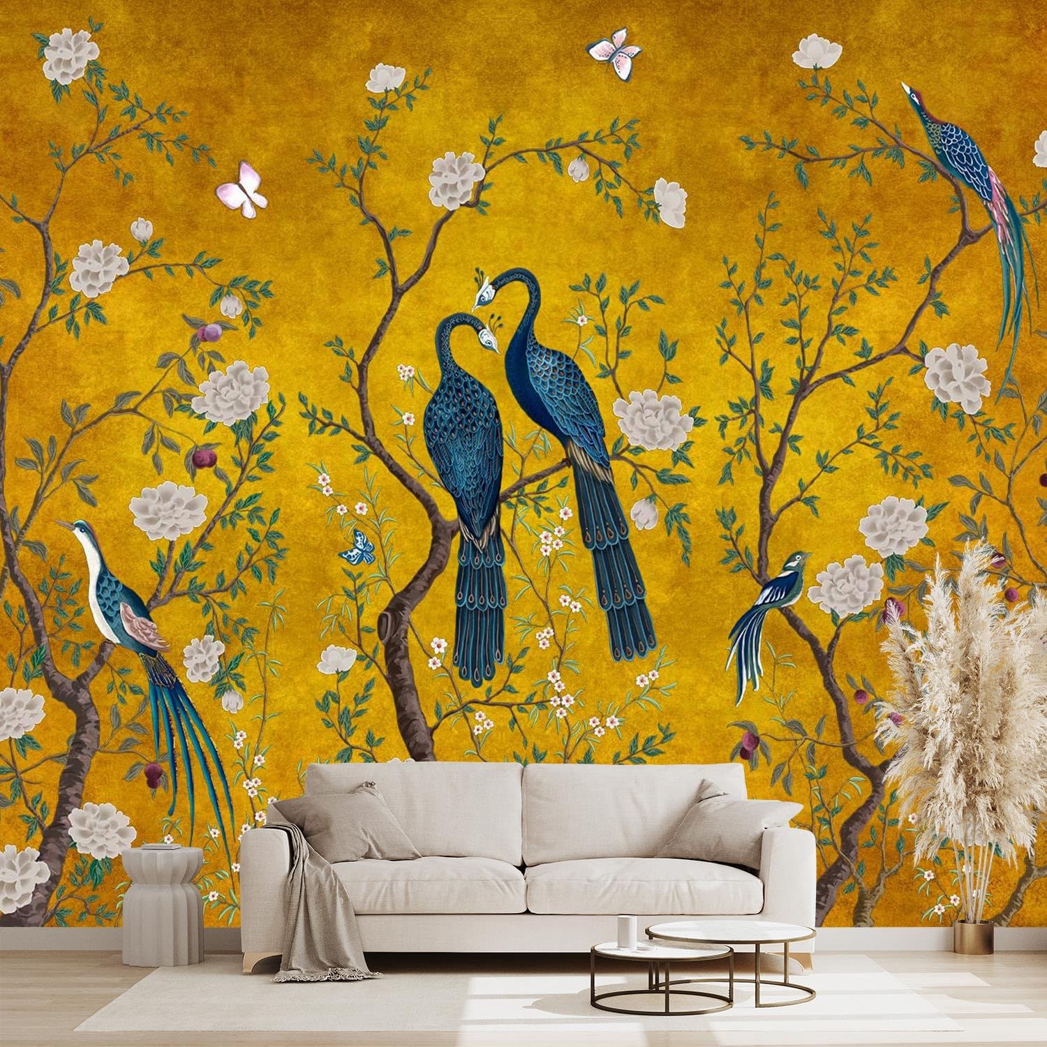 WXHFM - Golden Chinese Style Flowers Birds Wallpaper for Bedroom Botanical Wall Mural - 137x96 (Not Peel and Stick)