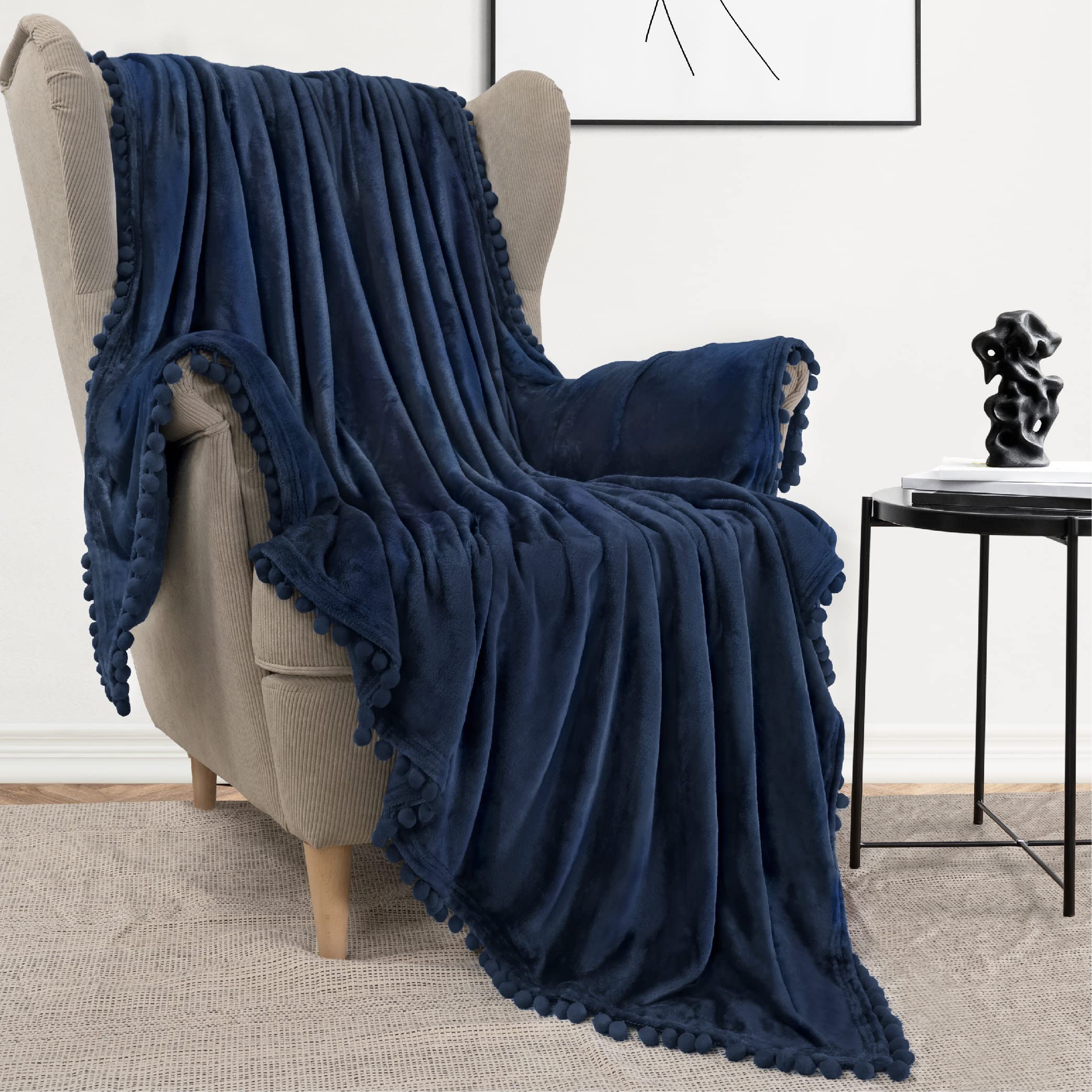 Pavilia Pom Pom Blanket Throw Twin, Navy Blue | Soft Fleece Pompom Fringe Blanket For Couch Bed Sofa | Decorative Cozy Plush War