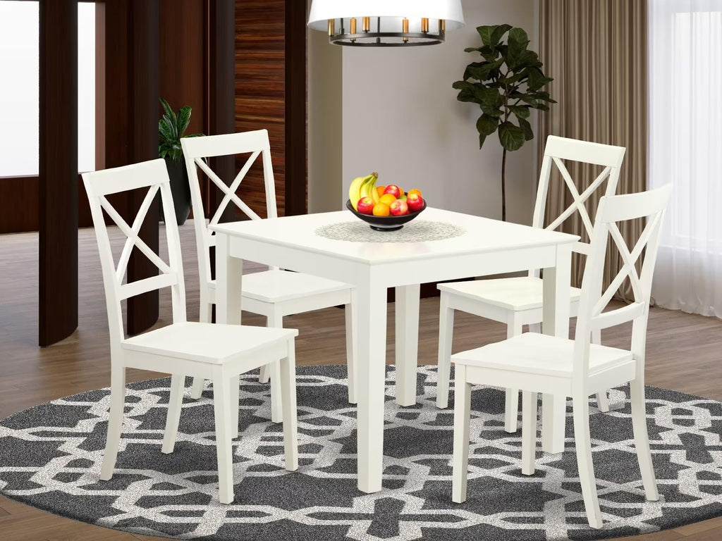 East West Furniture OXBO5-LWH-W 5 Piece Modern Dining Table Set Includes a Square Wooden Table and 4 Dining Chairs, 36x36 Inch, Linen White