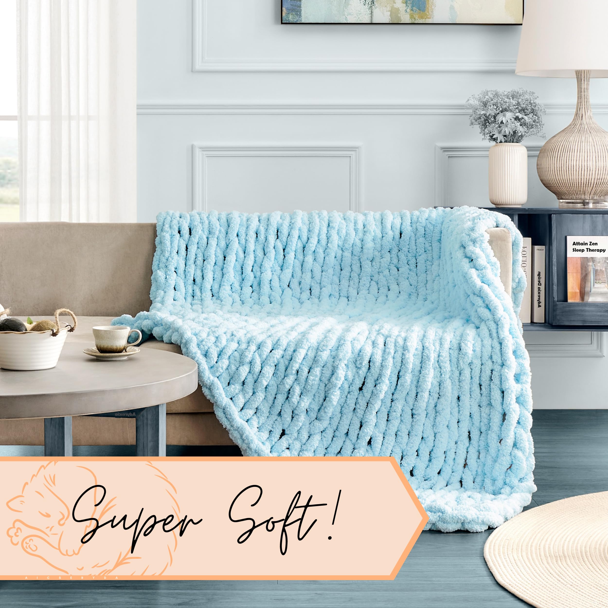 Adyrescia Chunky Knit Blanket Throw | 100% Hand Knit With Jumbo Chenille Yarn (50''X60'', Light Blue)