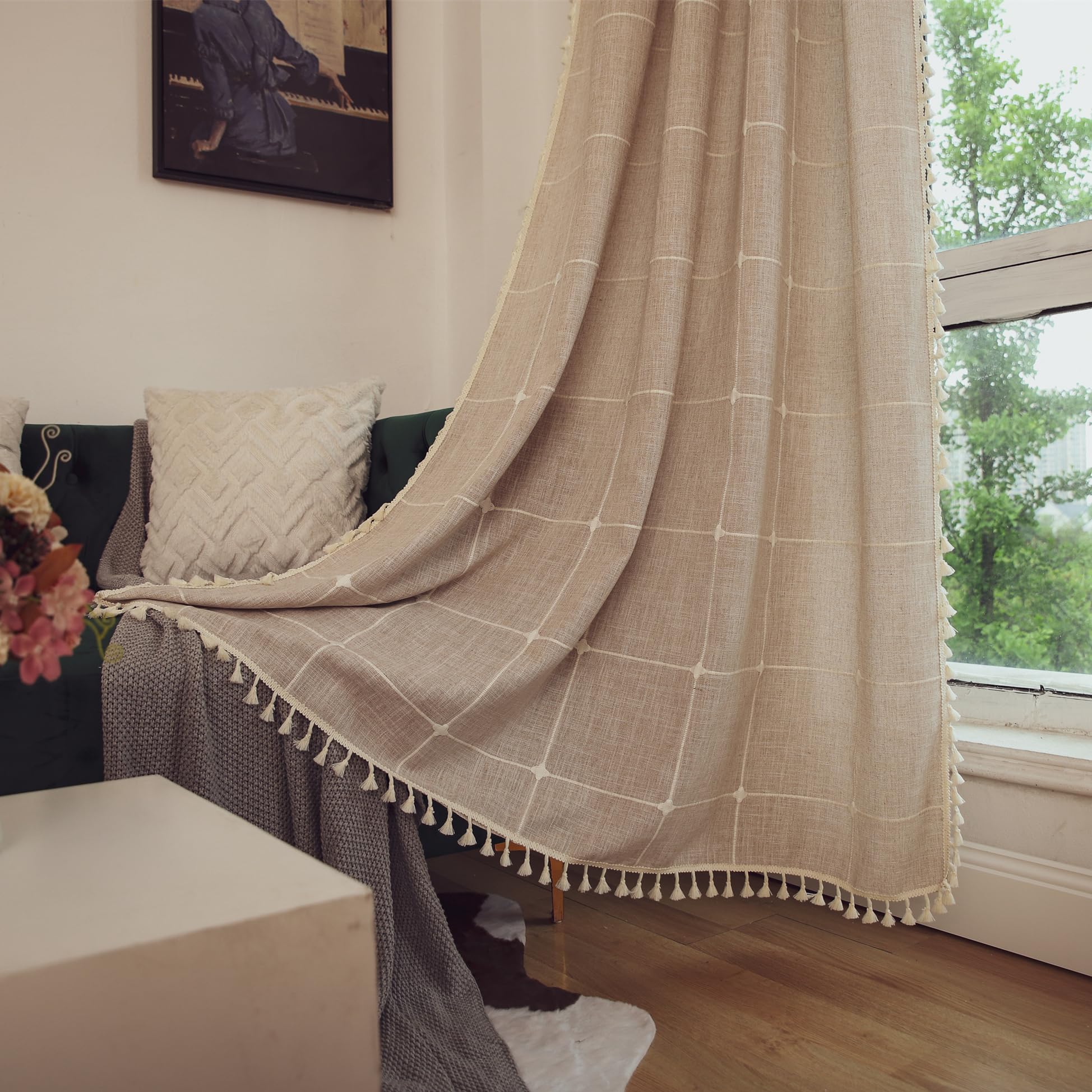 Deeprove Boho Curtains for Bedroom 84 Inches Long, Bohemian Lattice Gingham Chic Textured Embroidery Plaids, Vintage Tassels Cou