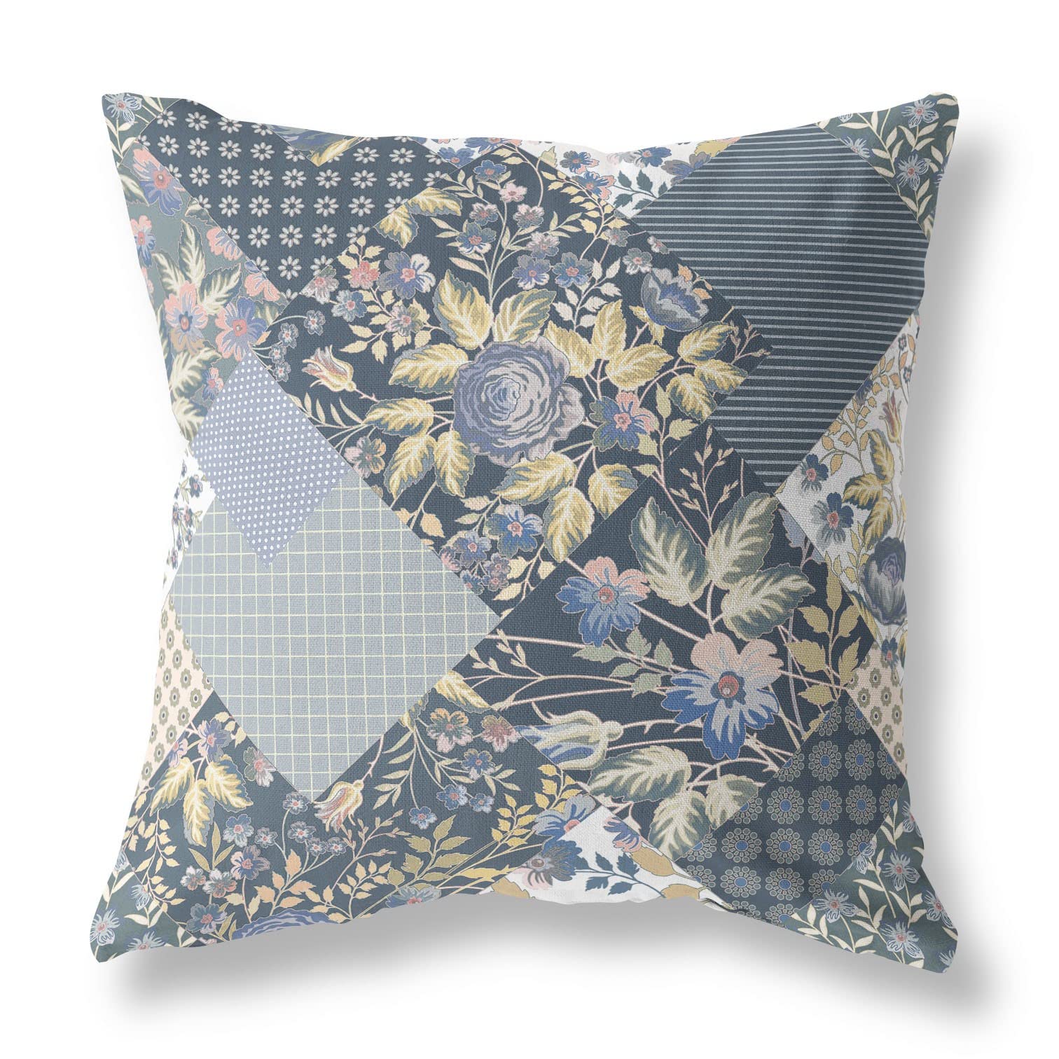 HomeRoots Dark Blue Yellow Broadcloth Blue Yellow Boho Floral Indoor Outdoor Throw Pillow