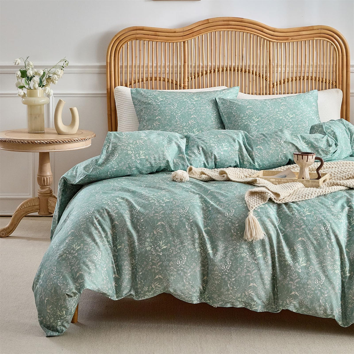 Mixinni 3 Pieces Duvet Covers King Size, 100% Cotton Comforter Cover Wildflower Printed On Sage Green Floral Bedding Set With Zi