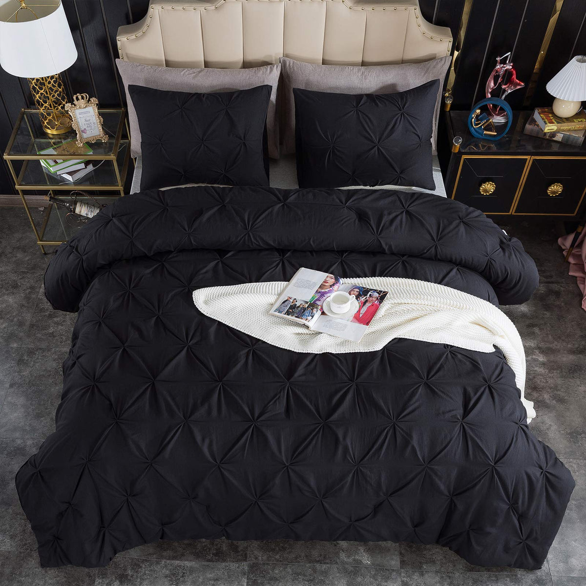 Andency Black King Size Comforter Set, 3 Pieces Boho Lightweight Pinch Pleat Comforter, Pintuck Solid Bedding Set & Collections,