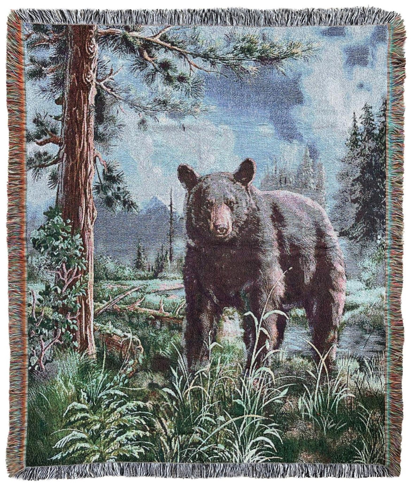 Ez.Enjoy Bear Lodge Woven Tapestry Throw Blanket With Fringe Wall Hanging Art Handicrafts Jacquard Multipurpose Soft Travel Mat