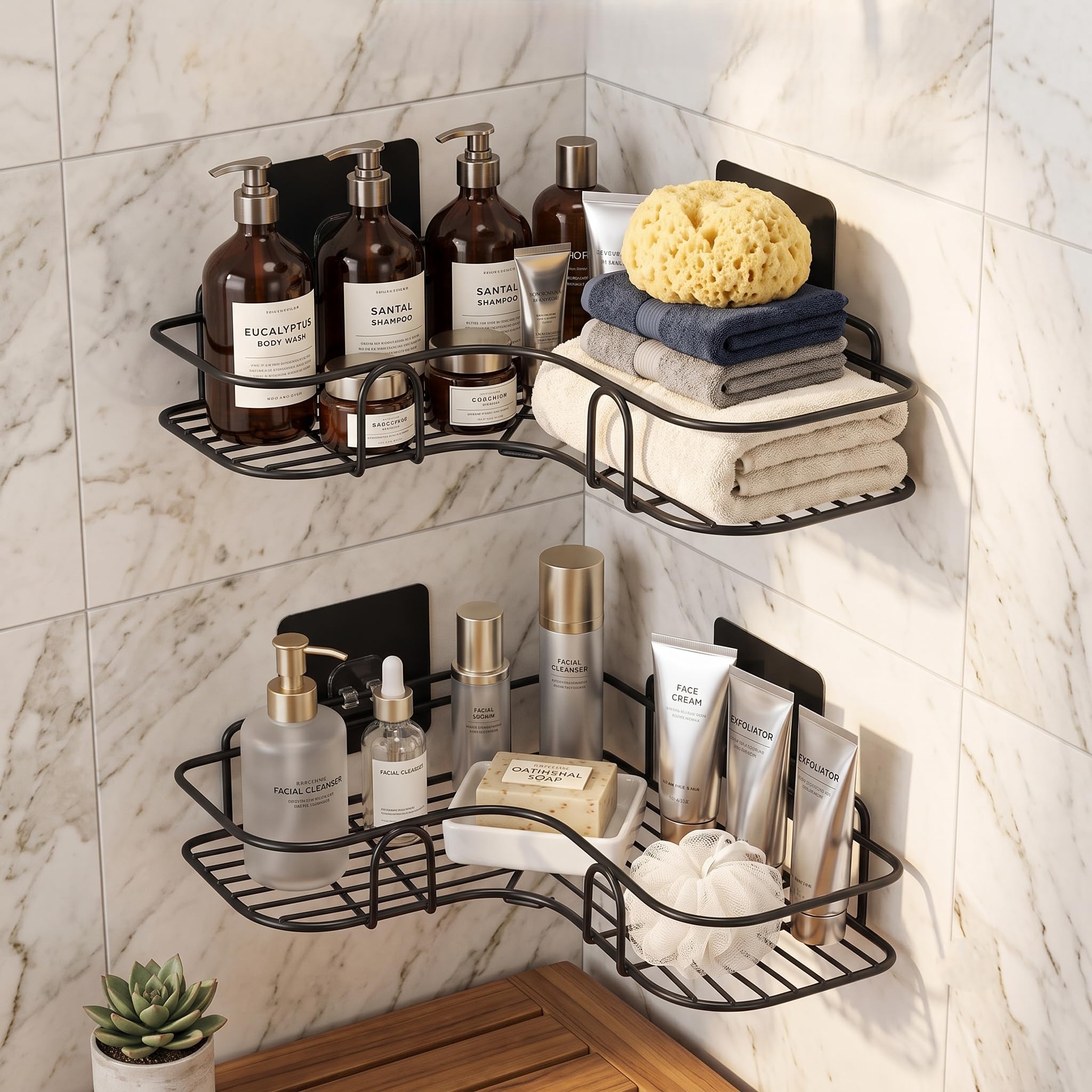 RLee Dipoo Corner Shower Shelf, 2 Pack, Black Metal Wall Mounted Rack