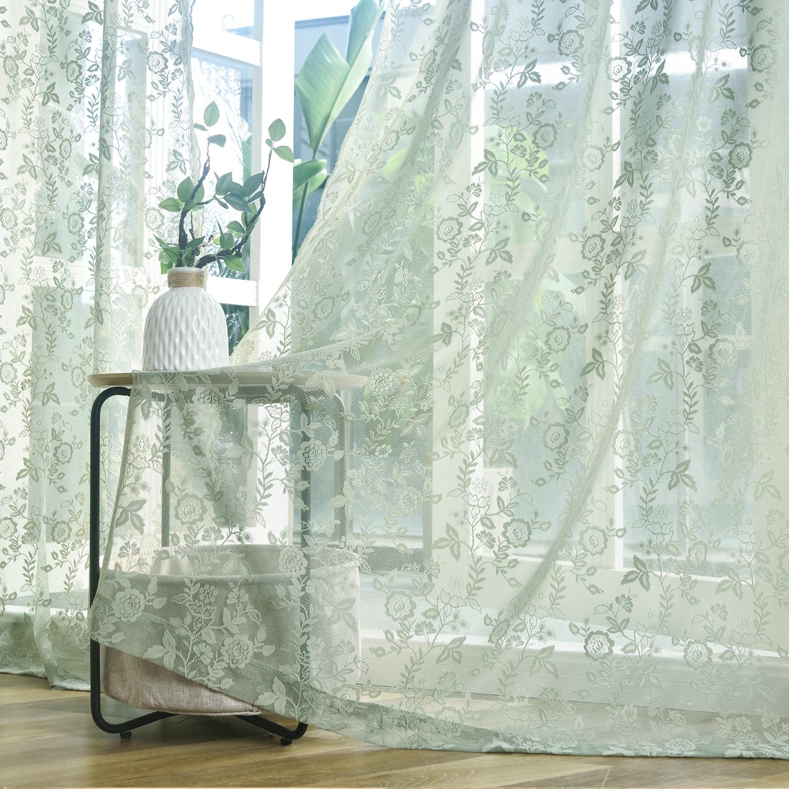 Finecity Green Lace Curtains 63 Inch Length For Bedroom, Country Rustic Leaf Floral Knitted Farmhouse Sheer Lace Curtains 2 Pane