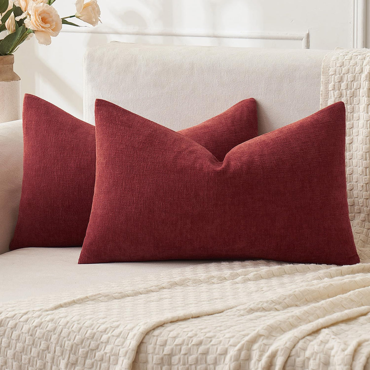 Miulee Christmas Wine Red Couch Pillow Covers 12X20 Inch, Set Of 2 Soft Chenille Decorative Throw Pillow Covers Farmhouse For So