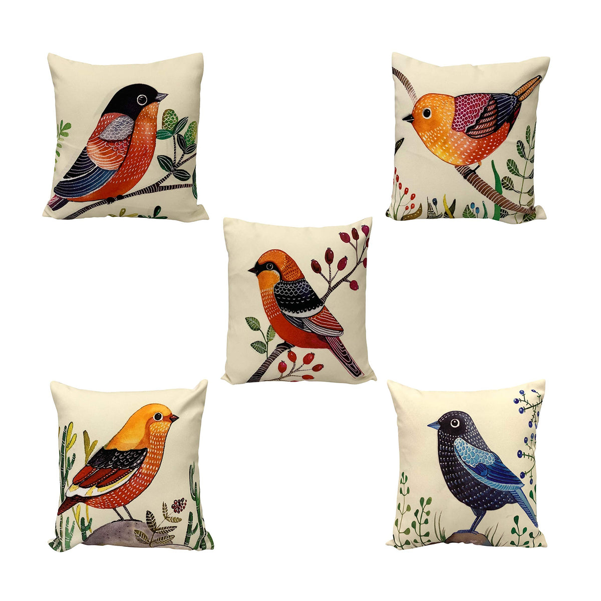 Shopping Tree Five Bird Canvas Cotton Cushion Cover Sofa 12X12 Inches, Set Of 5 PiecesFor Living Room/Bedroom