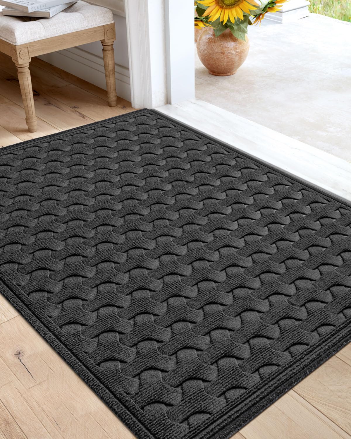 Dexi Front Door Mat Outdoor Entrance Doormat Heavy Duty Floor Rug, Waterproof Low-Profile, 23'X35', Charcoal