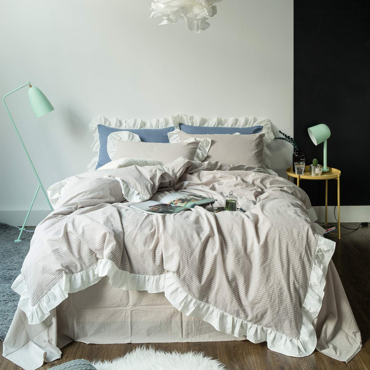 Susybao Beige Farmhouse Duvet Cover Queen 100% Washed Cotton Soft Ruffle Duvet Cover Set 3 Pieces 1 Vintage Striped Duvet Cover