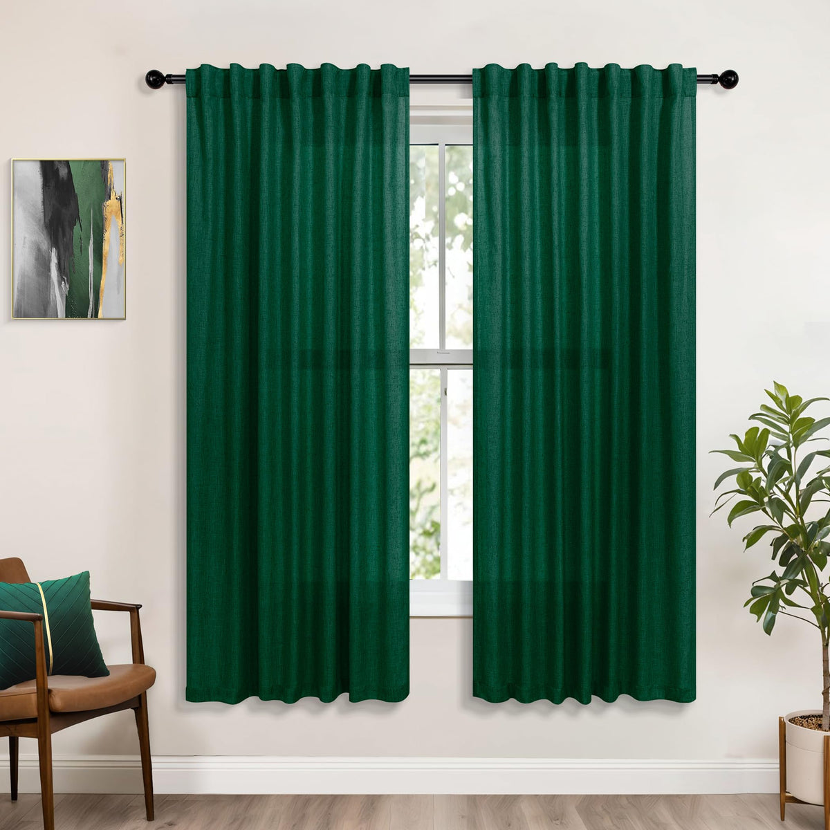 Koufall Back Tab Rod Pocket Linen Sheer Curtains For Living Room-Dark Green-52X63
