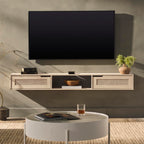 Walker Edison Modern Rattan Flip-Down-Door Wall-Mounted Floating Stand For Tvs Up To 65 Inche, 58 Inch, Coastal Oak